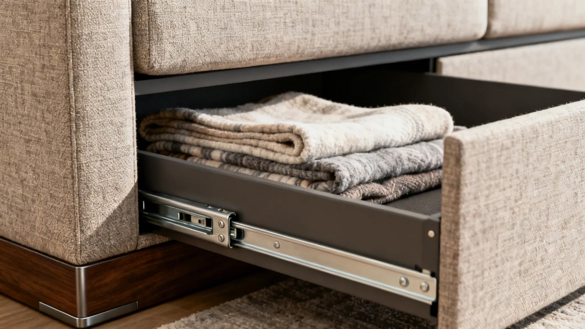 Close-up of a storage sofa drawer base with soft-close hardware and performance fabric.