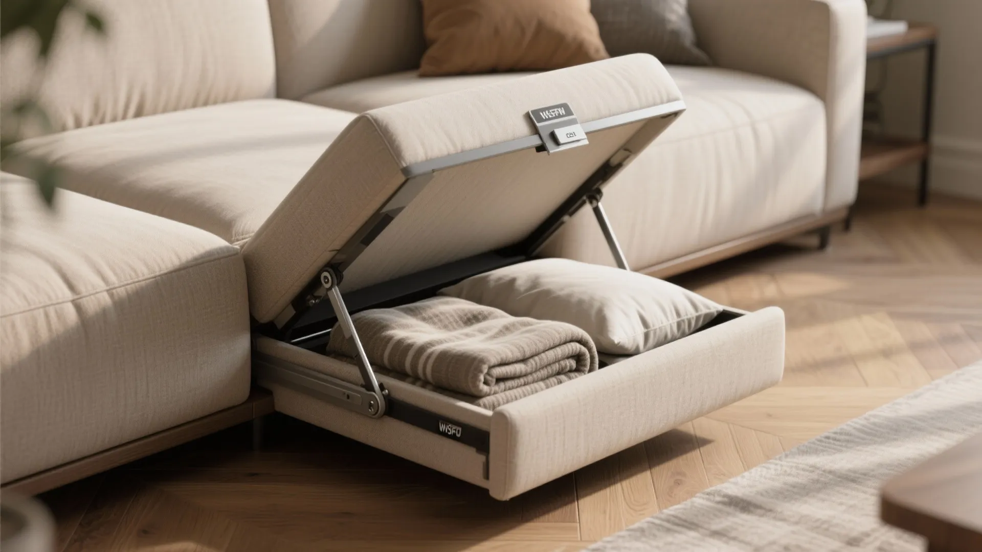 Beige fabric sofa with an open hidden storage compartment containing a blanket and soft pillow