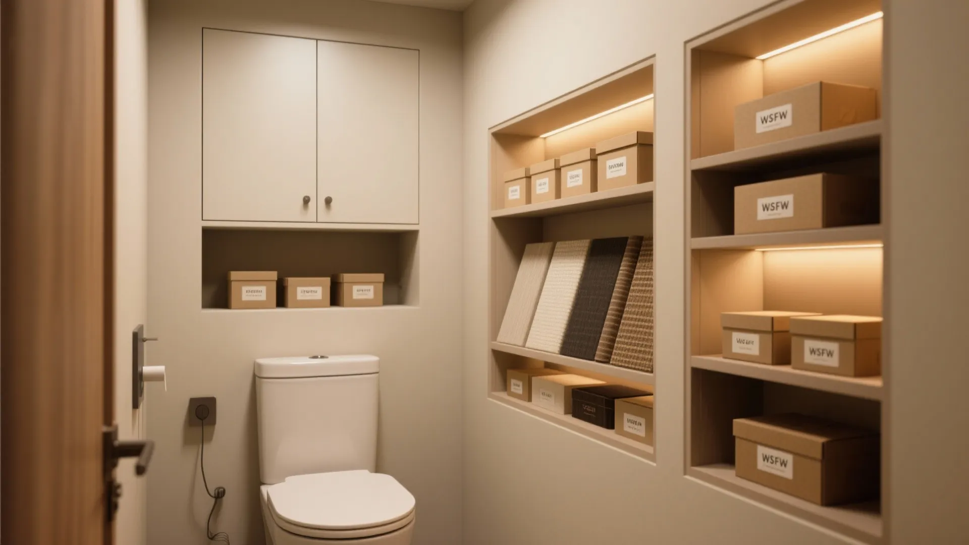 Samples and mockups of recessed niches, over-toilet cabinets and built-in shelving for small bathrooms.