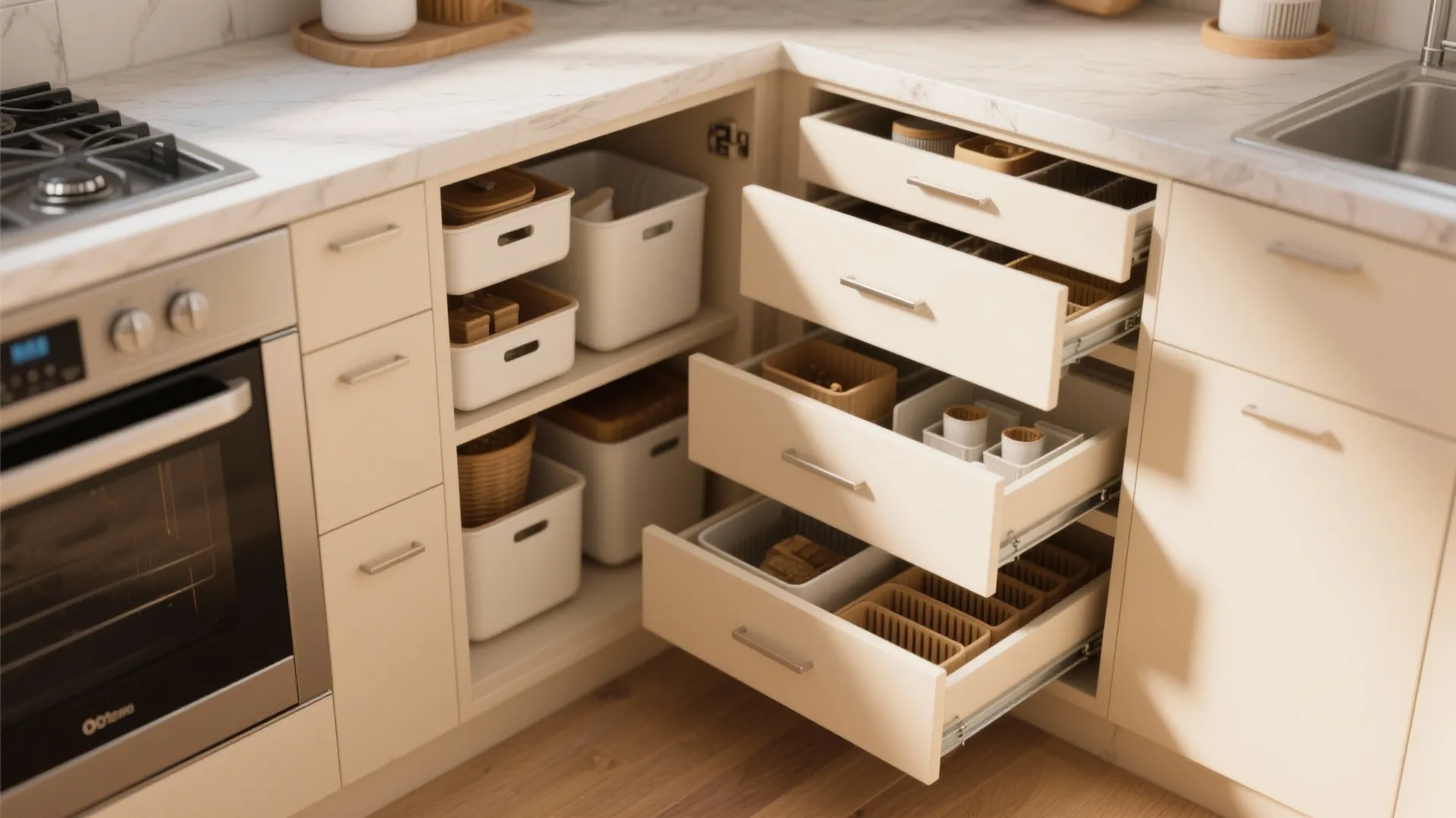 Modern kitchen corner cabinet with pull out drawers and white storage bins for organized pantry items