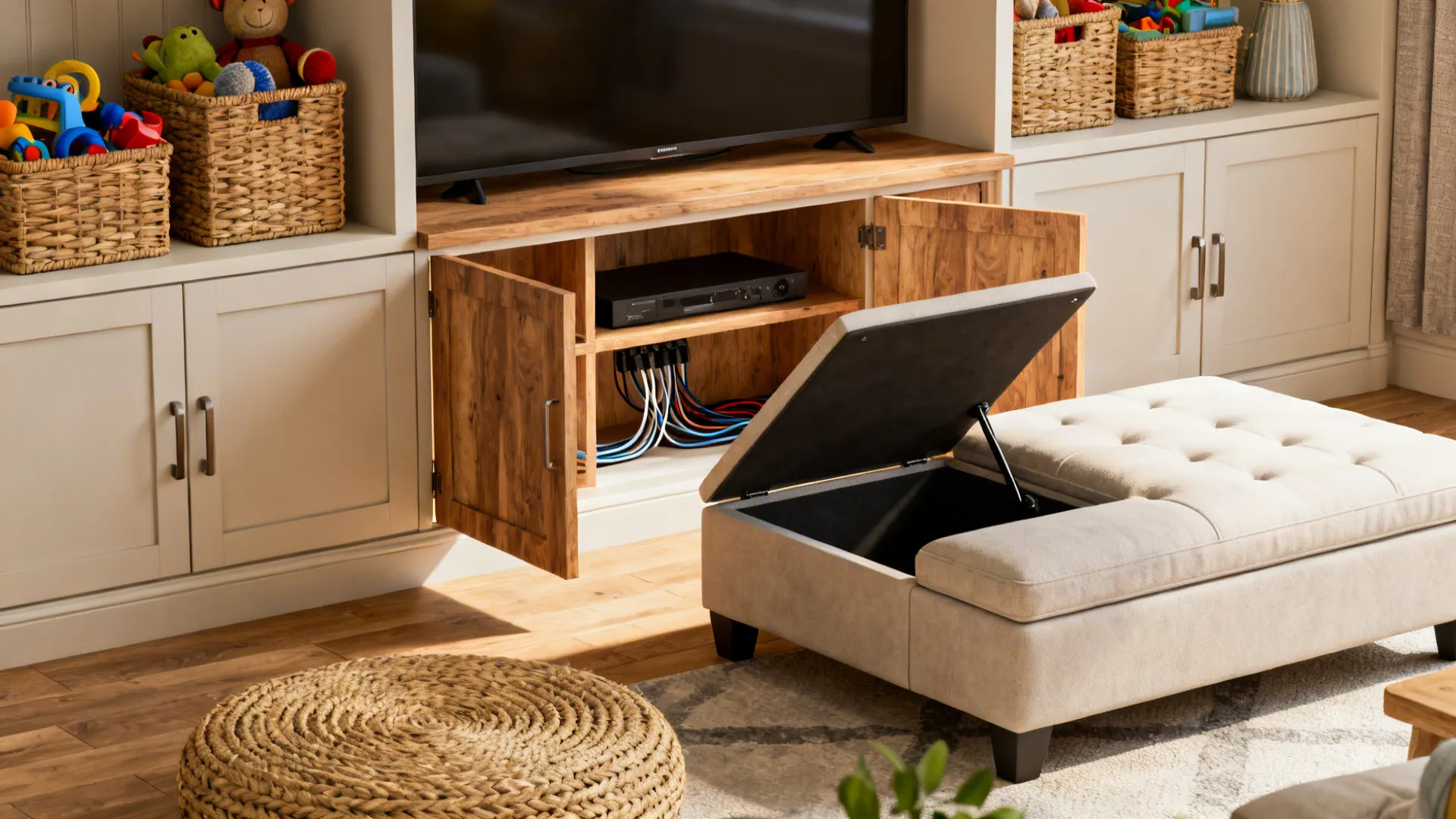 Opened cabinet showing organized cables under a television next to a footrest with hidden storage space