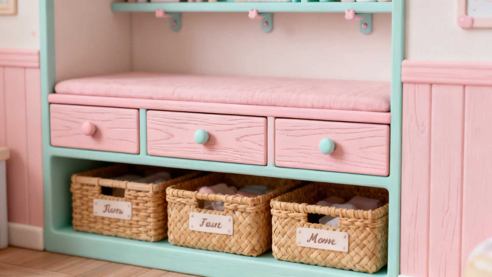 Built-in bench with drawers, under-bed boxes and minimalist wall shelves for Hello Kitty-themed storage.
