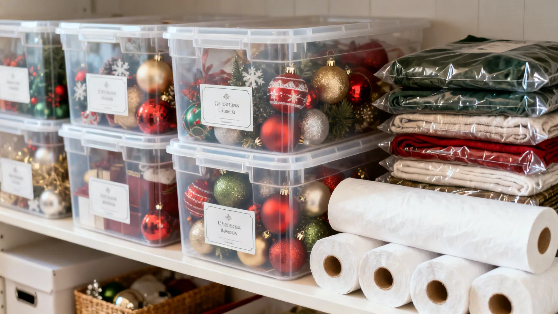 Clear storage bins, vacuum-sealed blankets, and wrapped ornaments for efficient holiday storage