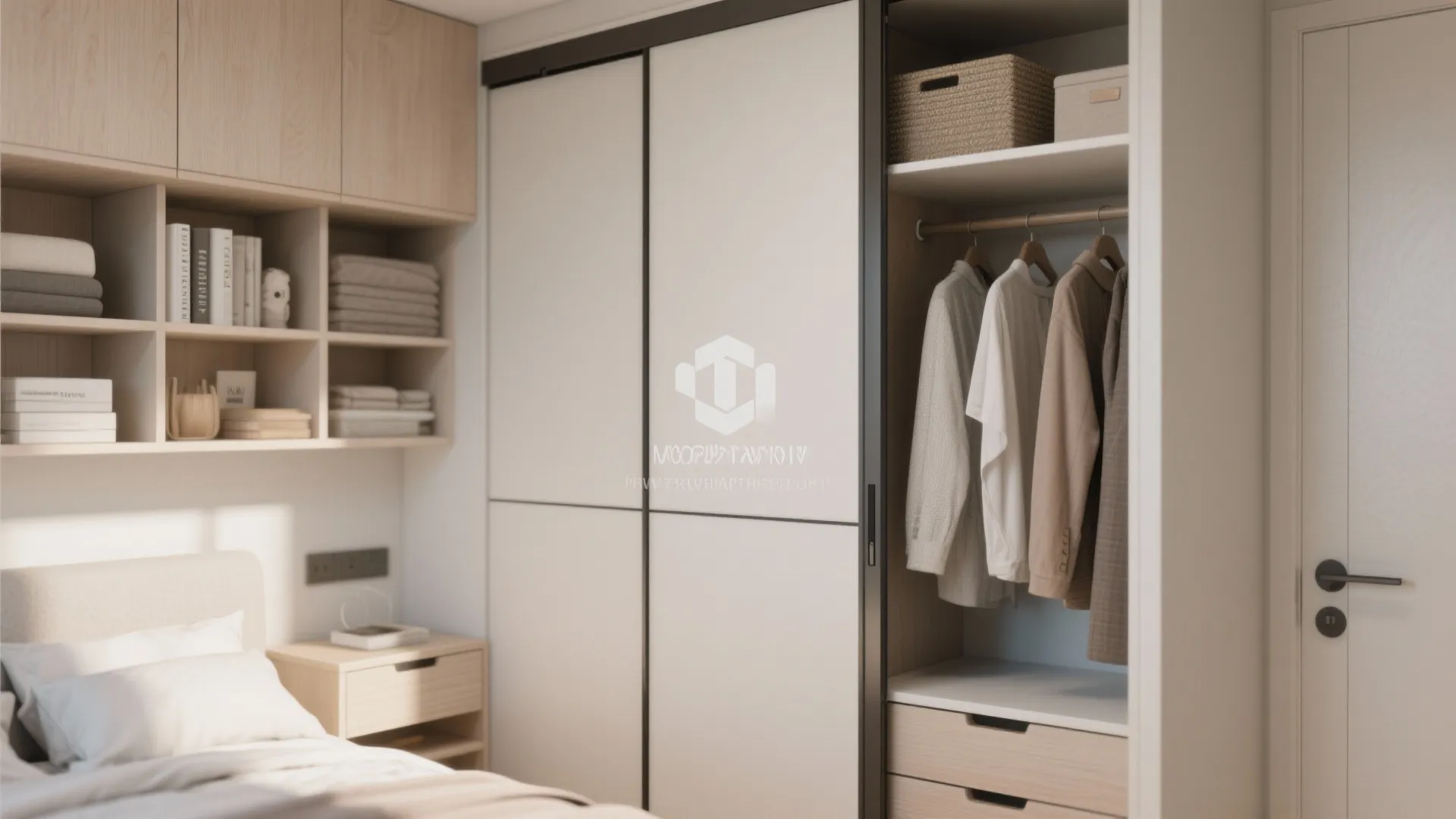 Close-up of wall-mounted storage and sliding doors to maximize space in a small bedroom