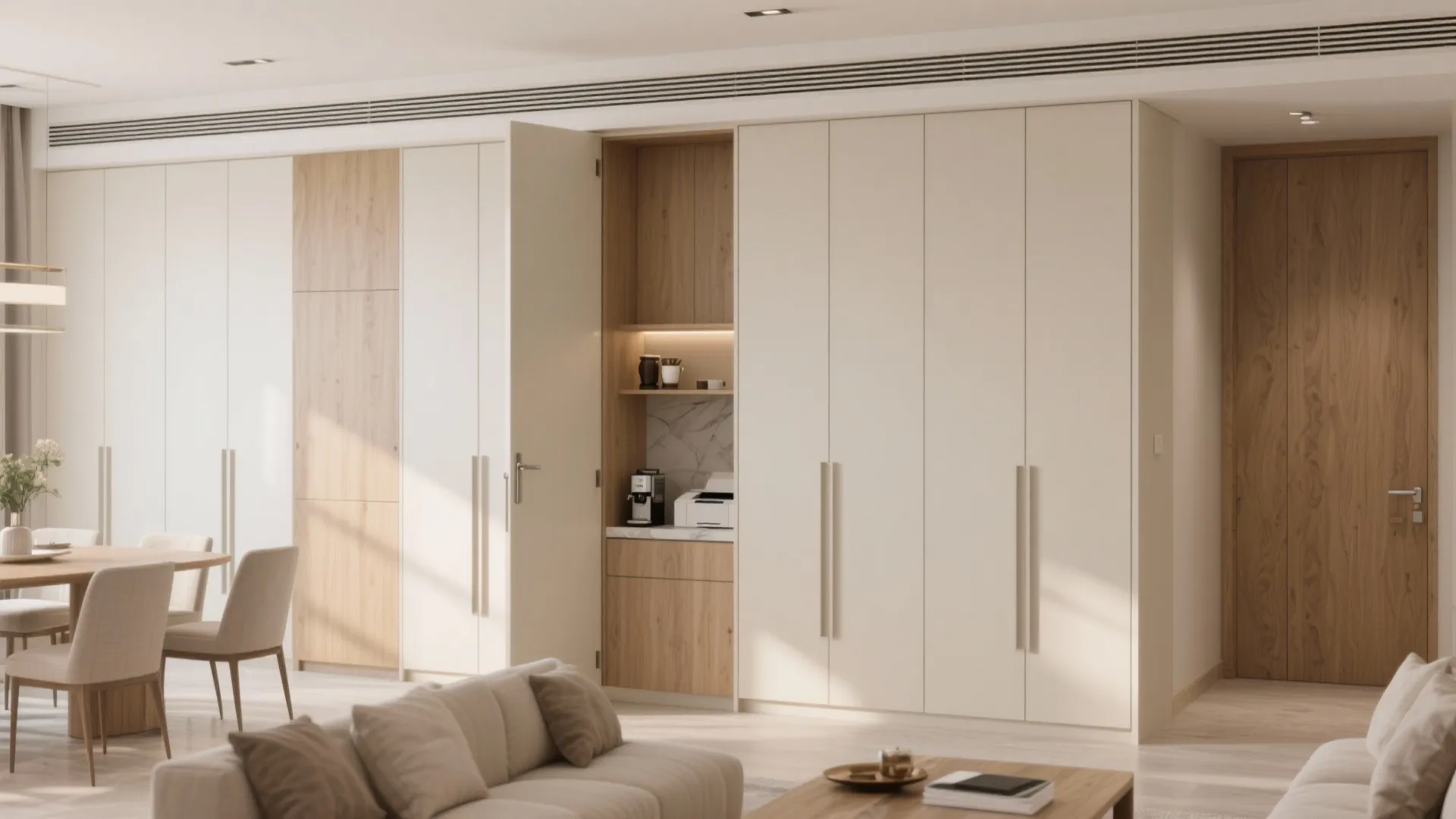 2) A ceiling-to-wall storage spine with pocket doors