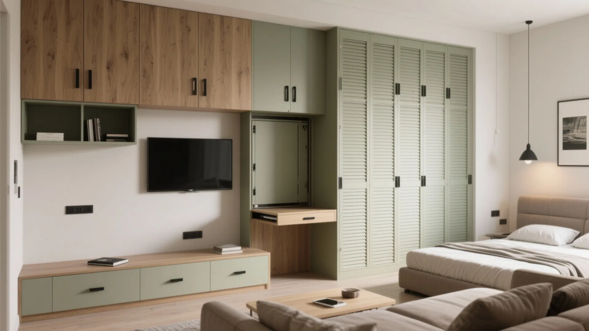 One-wall storage spine with a Murphy bed and hidden desk