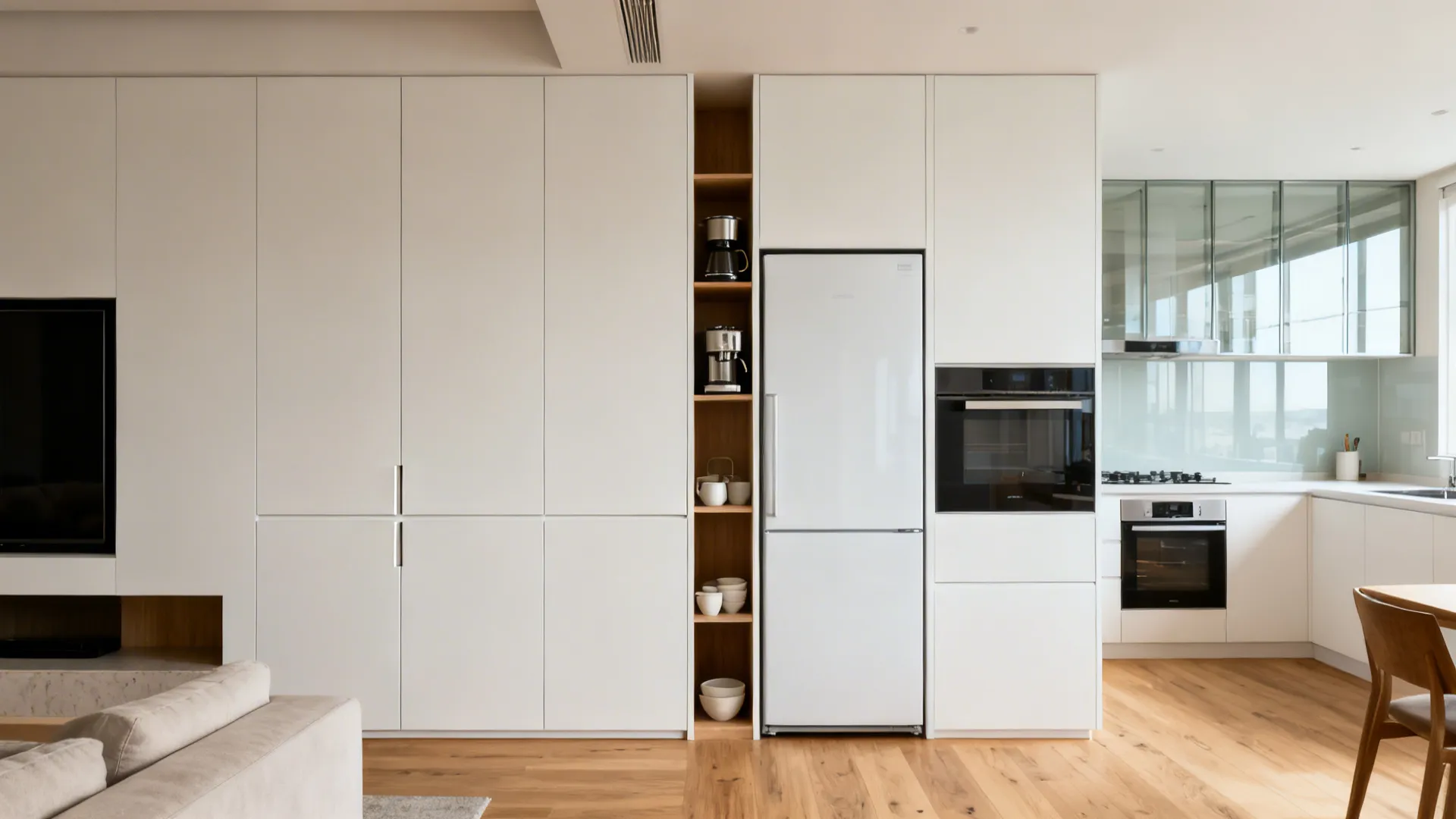 1) Minimalist Storage Spine Between Kitchen and Lounge