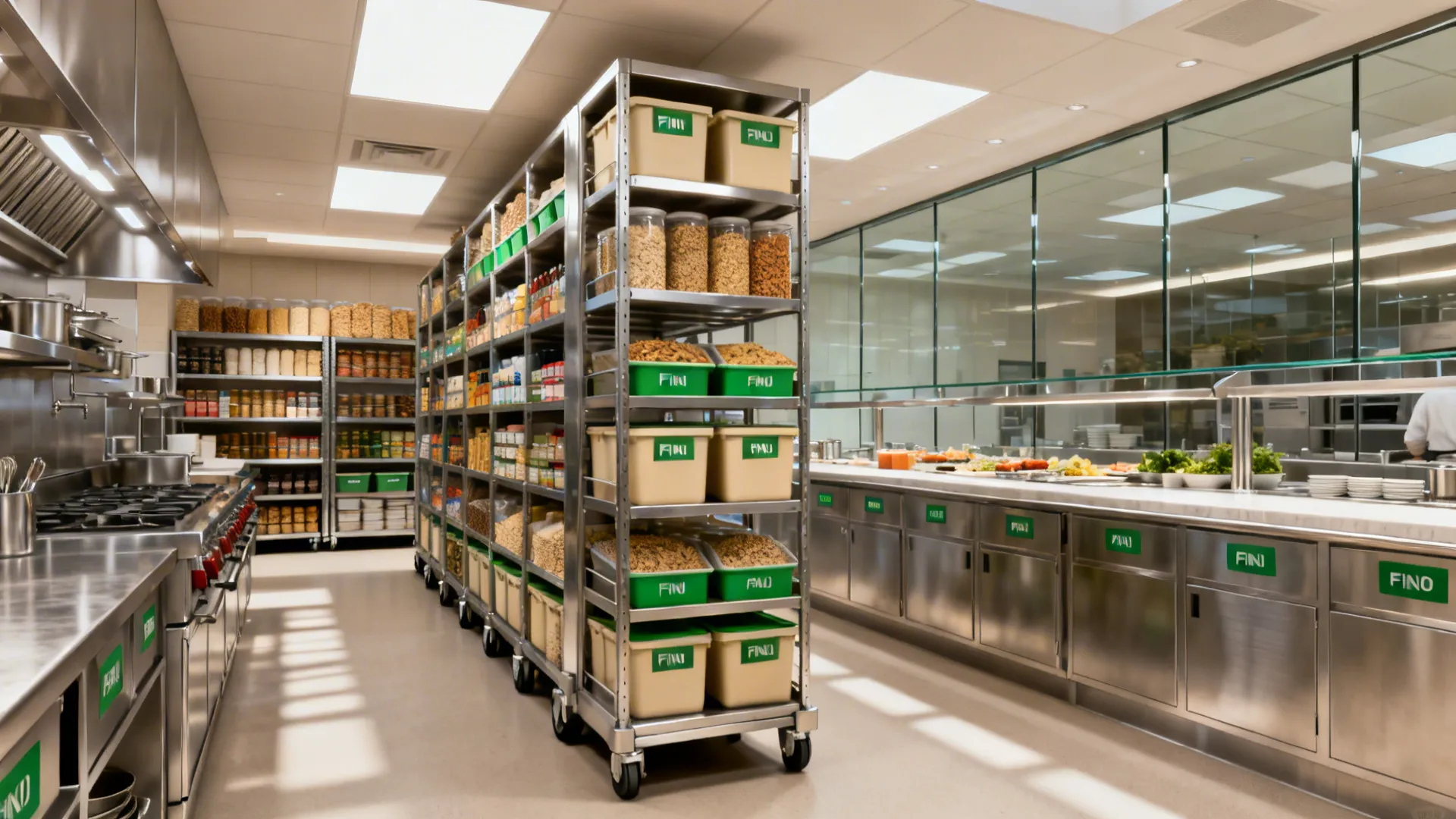 Central storage spine with tall racking, mobile shelves, and FIFO containers in a hotel kitchen