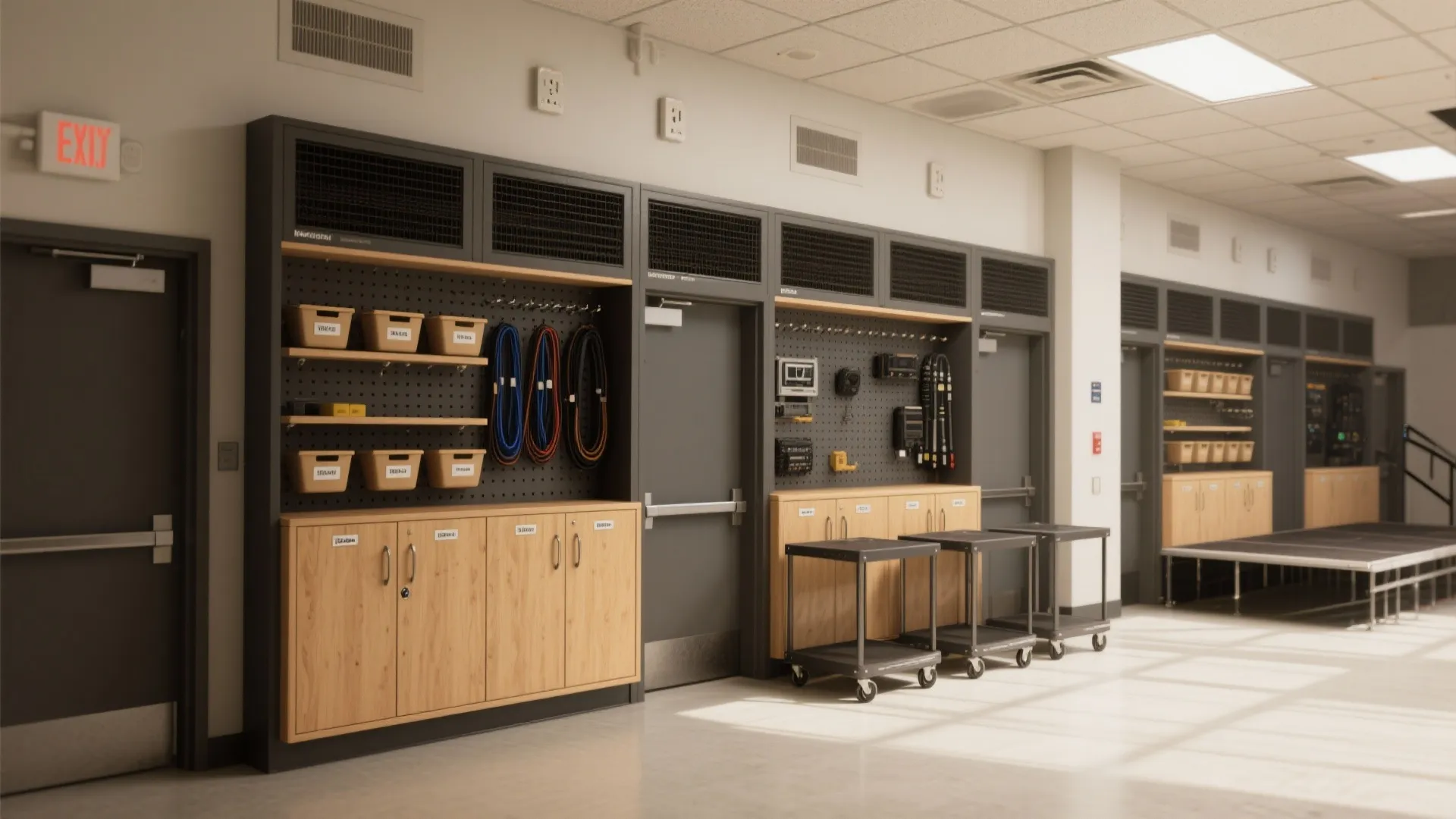 Storage wall with deep cabinets, pegboards, ventilated AV niches, and mobile staging in a multipurpose hall.