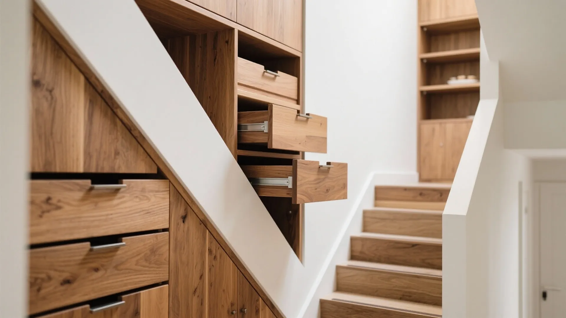 Wooden staircase with built-in storage drawers showing open compartments and organized wooden cabinet space below
