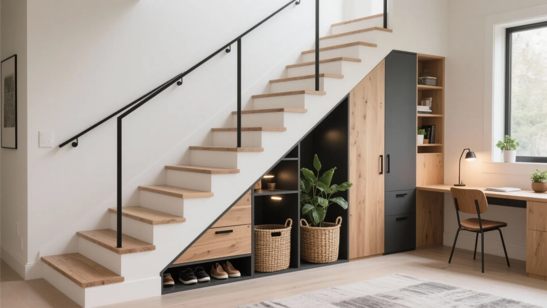 Staircase With Built-in Storage and Study Nooks