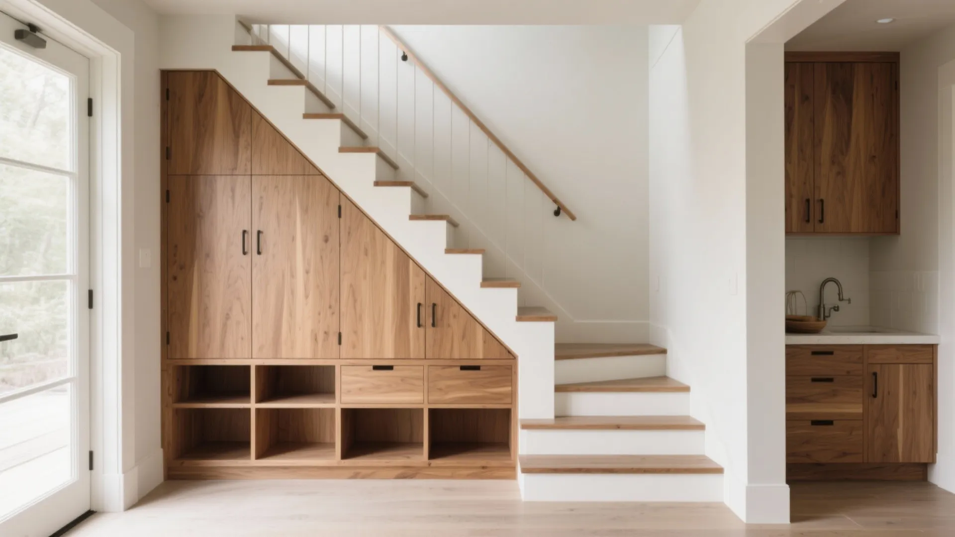 Wooden storage cabinet and open shelves built under white stairs in a modern bright home