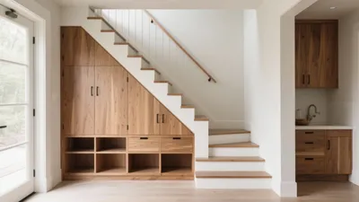 Smart Staircase Storage Design with Wood Finish