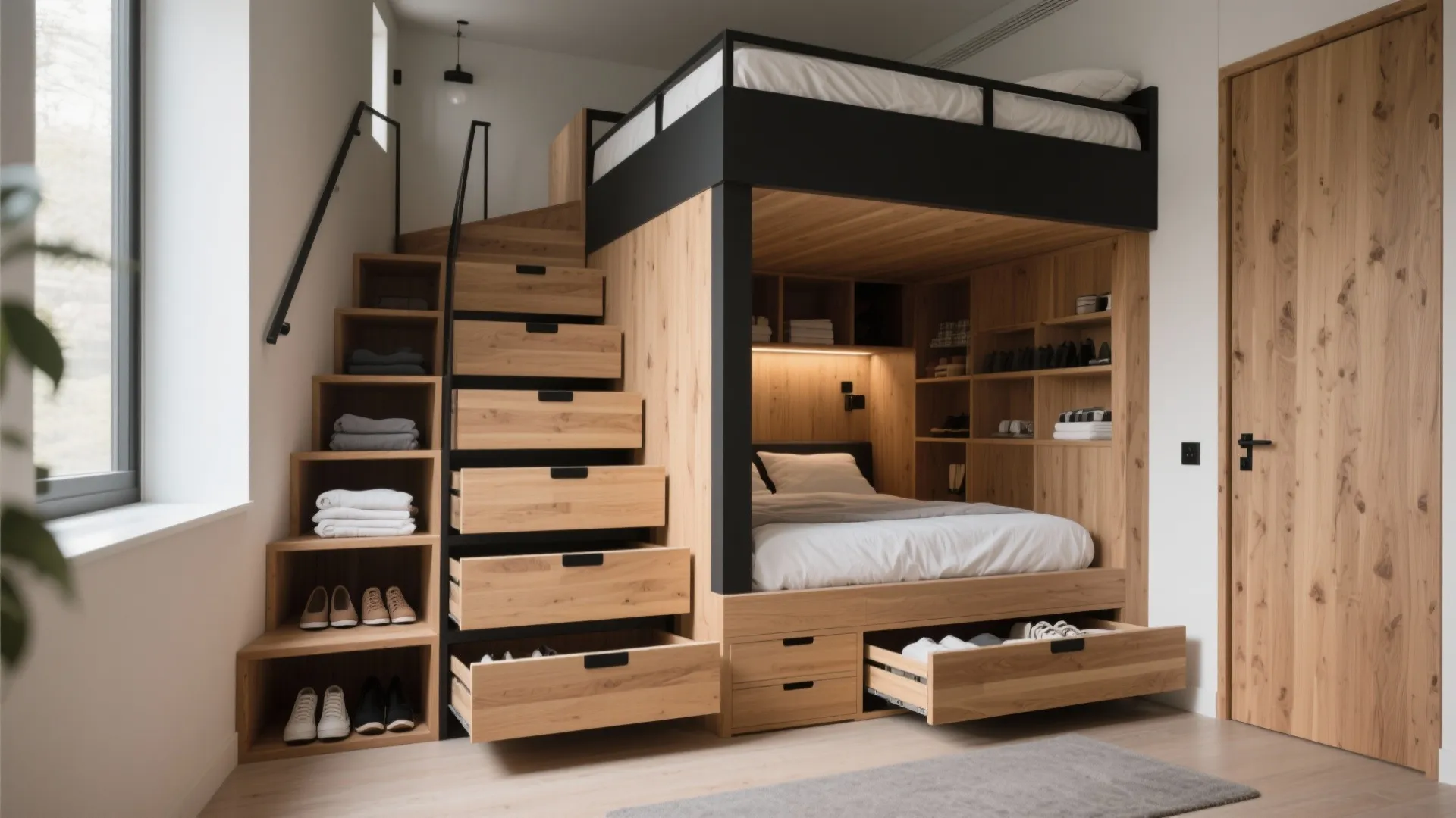Modern wooden bunk bed with storage stairs, open shelves for shoes, and a cozy mattress