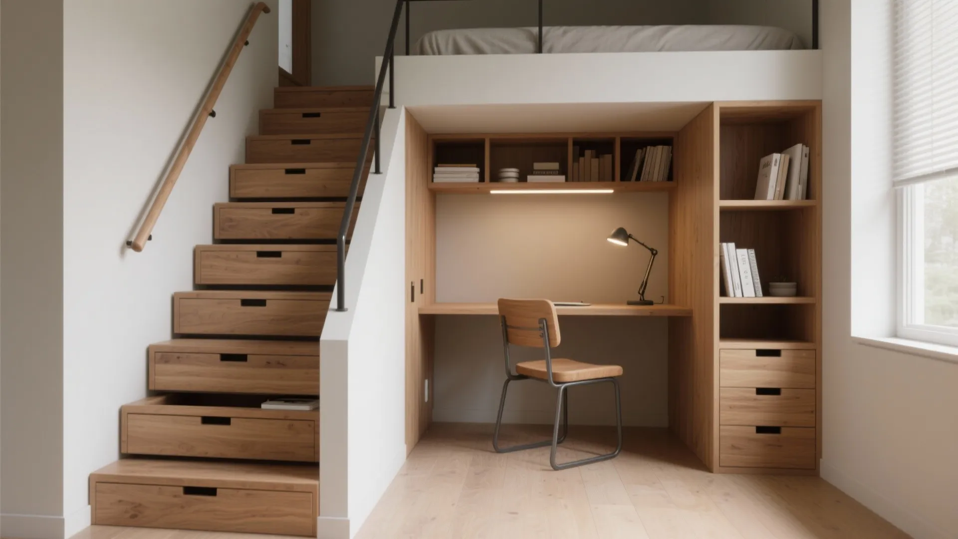 Wooden stairs with storage drawers and desk area with chair and bookshelves under loft bed