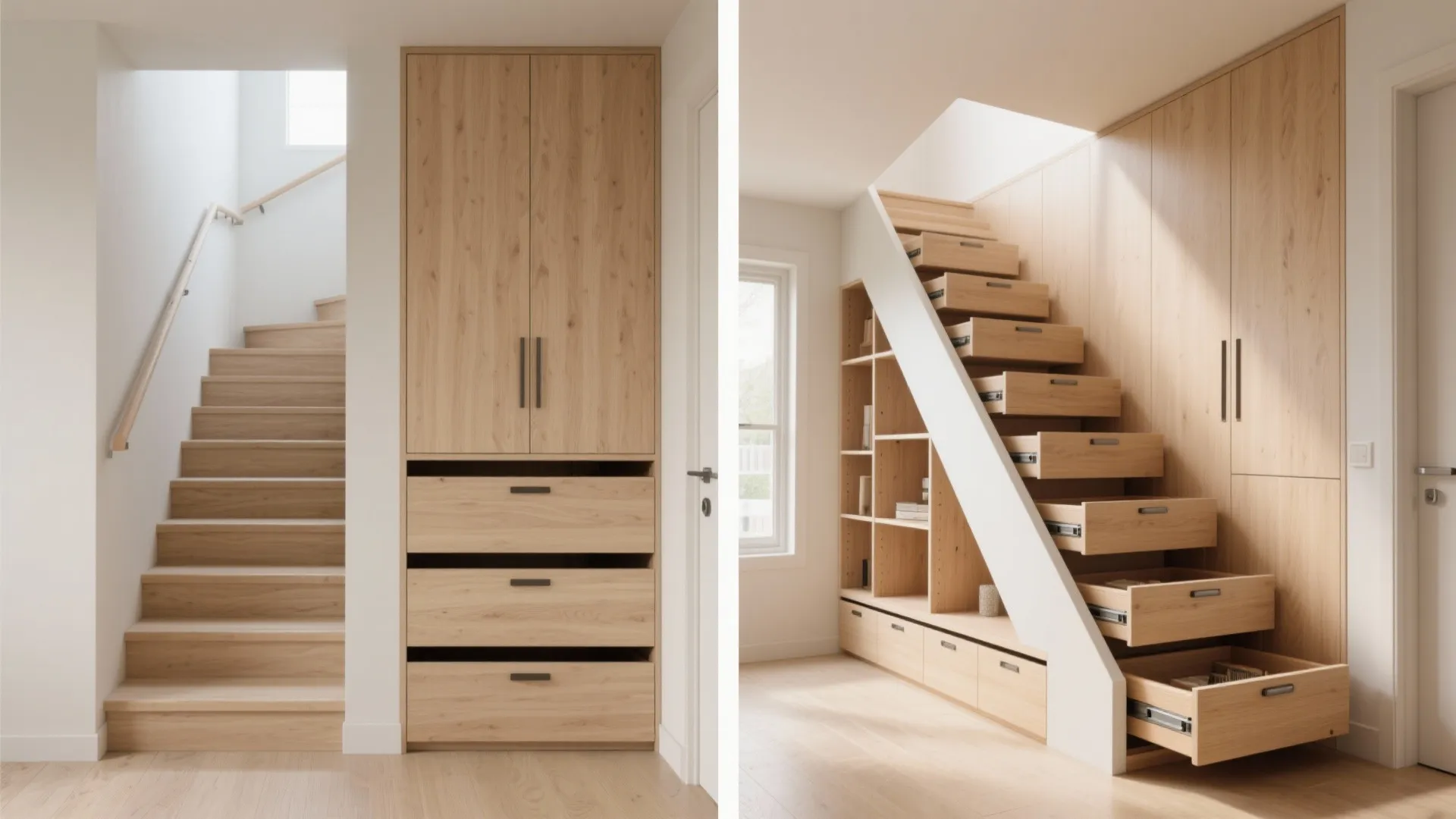 Wooden staircase with built-in drawers under steps and a tall cabinet for extra home storage