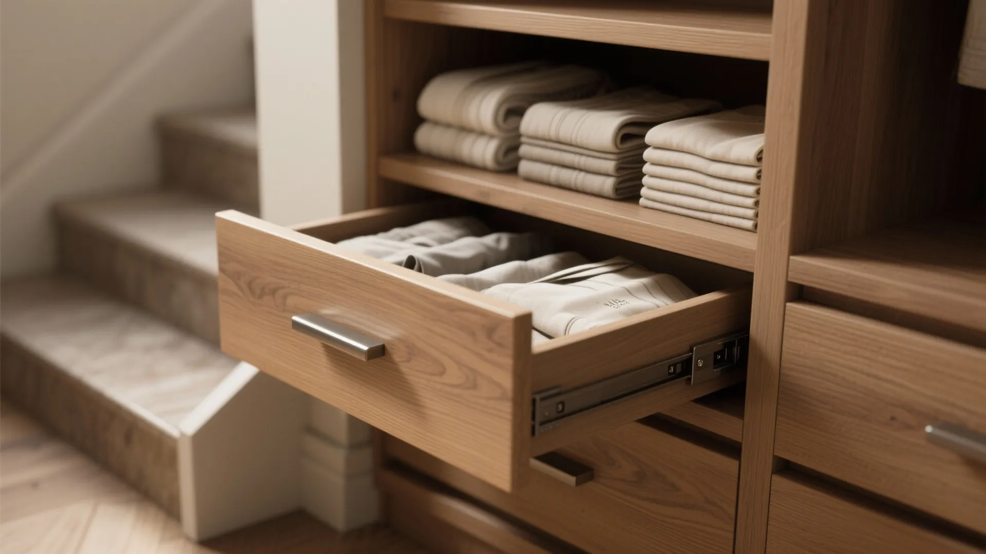 Wooden cabinet under stairs with an open drawer showing folded clothes for organized home storage