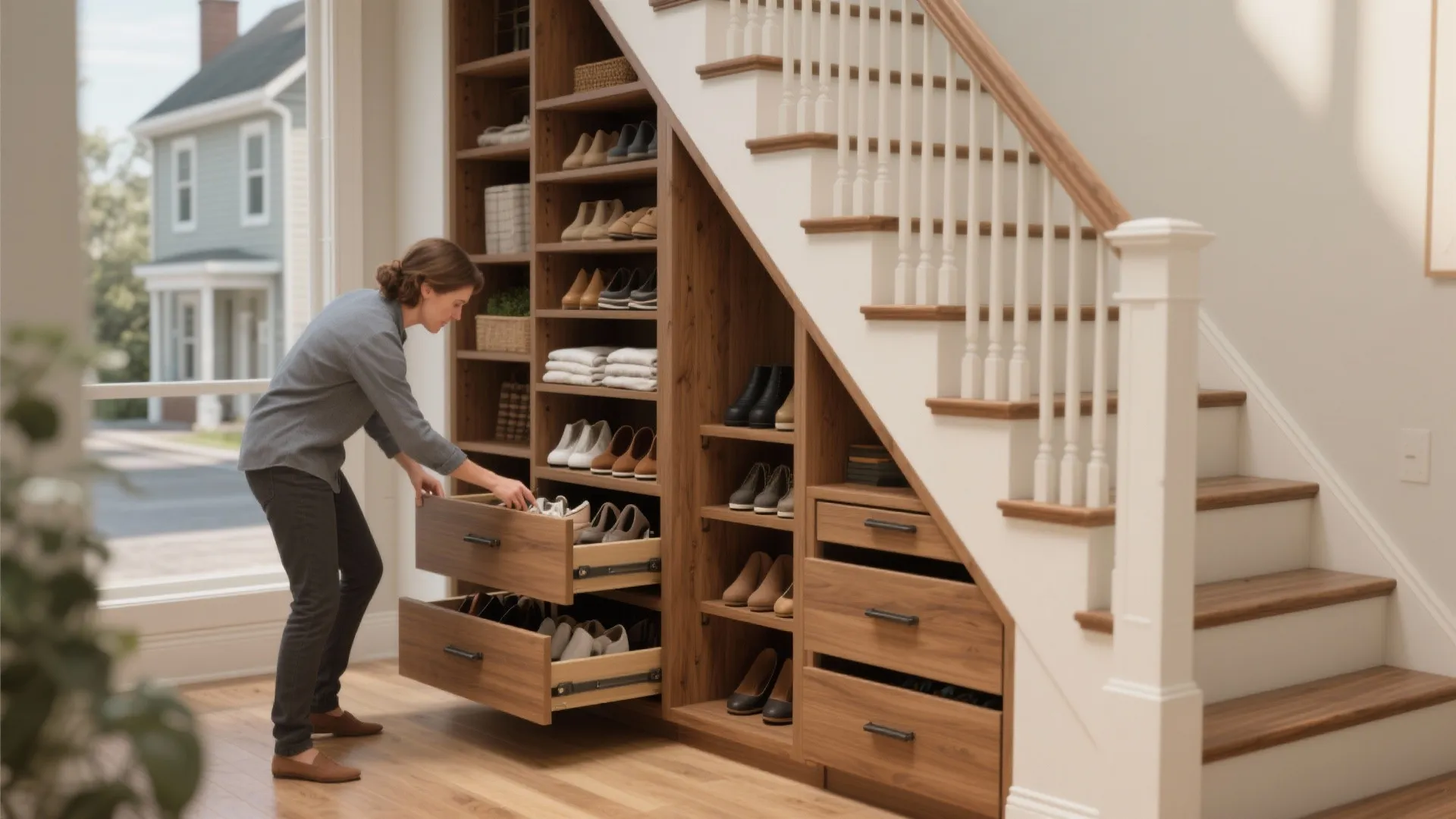 3. Built-in stair storage: drawers, cubbies, and pull-outs