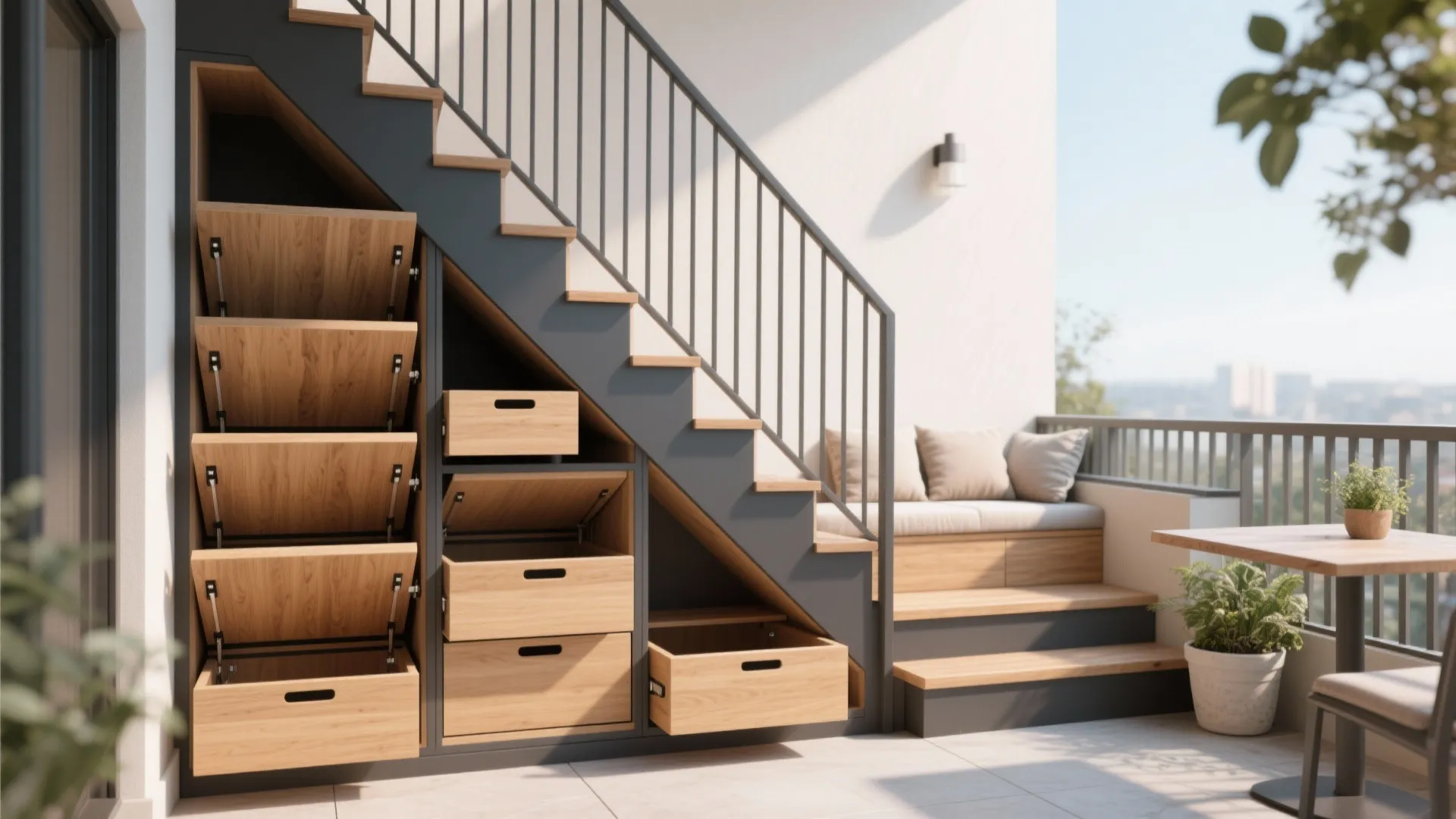 Outdoor wooden stairs featuring built-in storage drawers and a small seating area on a balcony