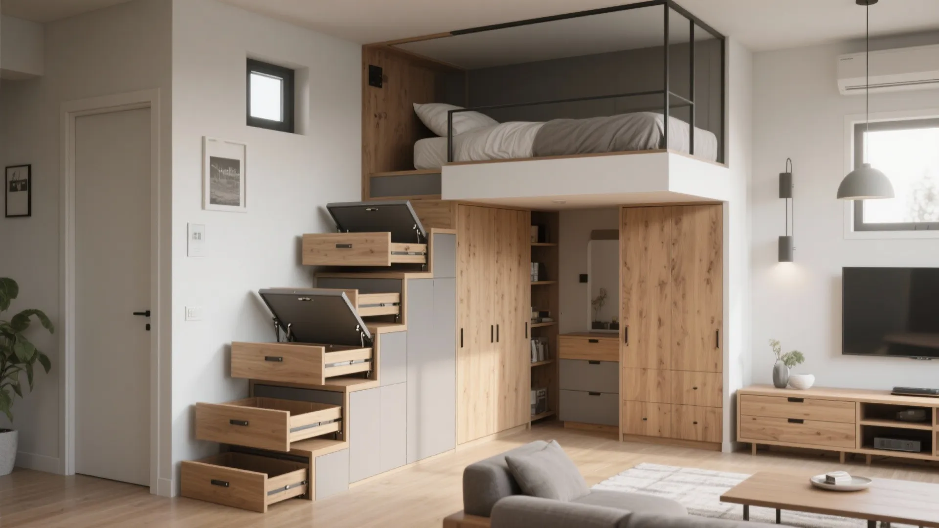 Compact storage stairs to mezzanine or loft