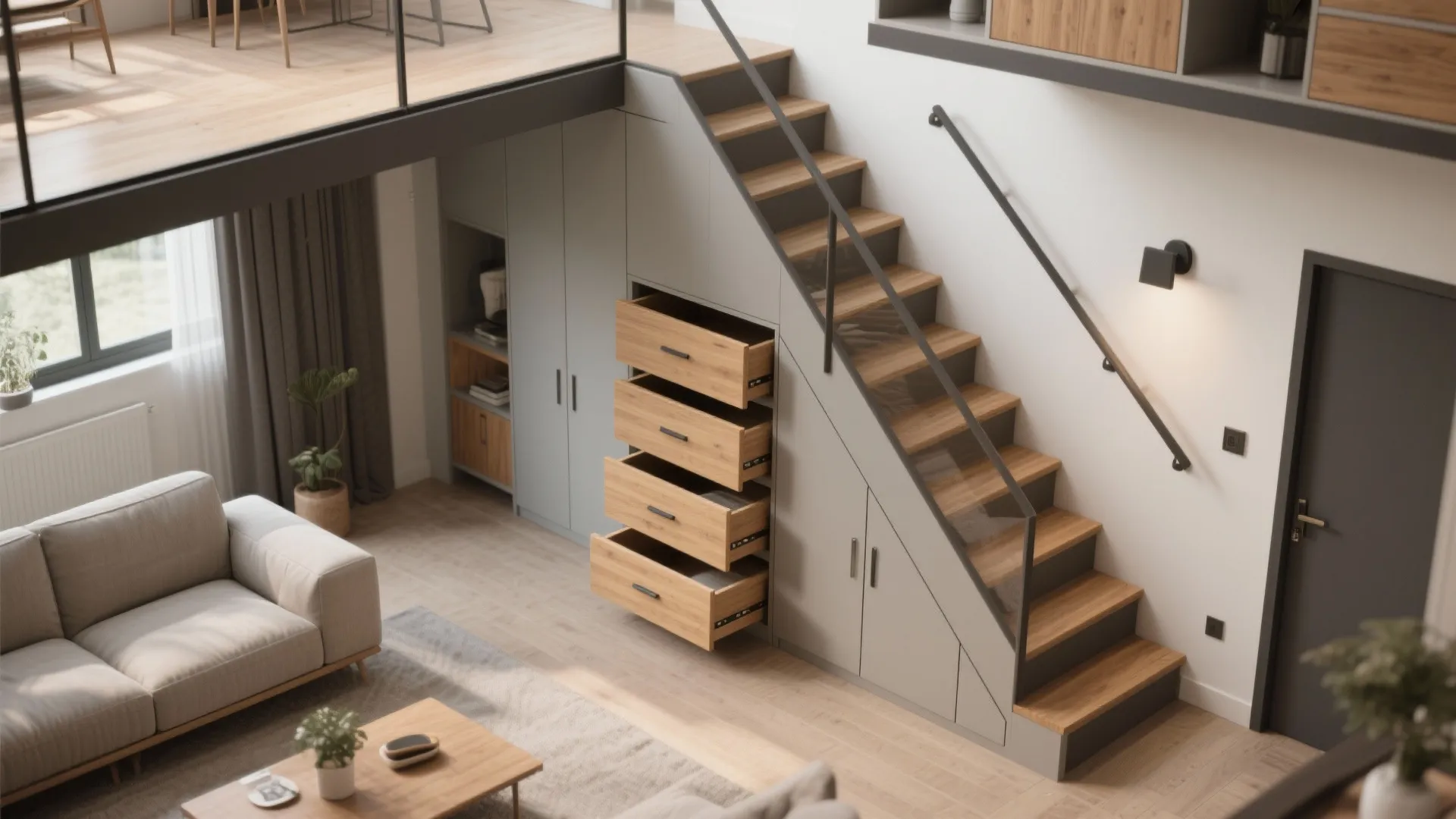 Compact storage stairs to mezzanine or loft