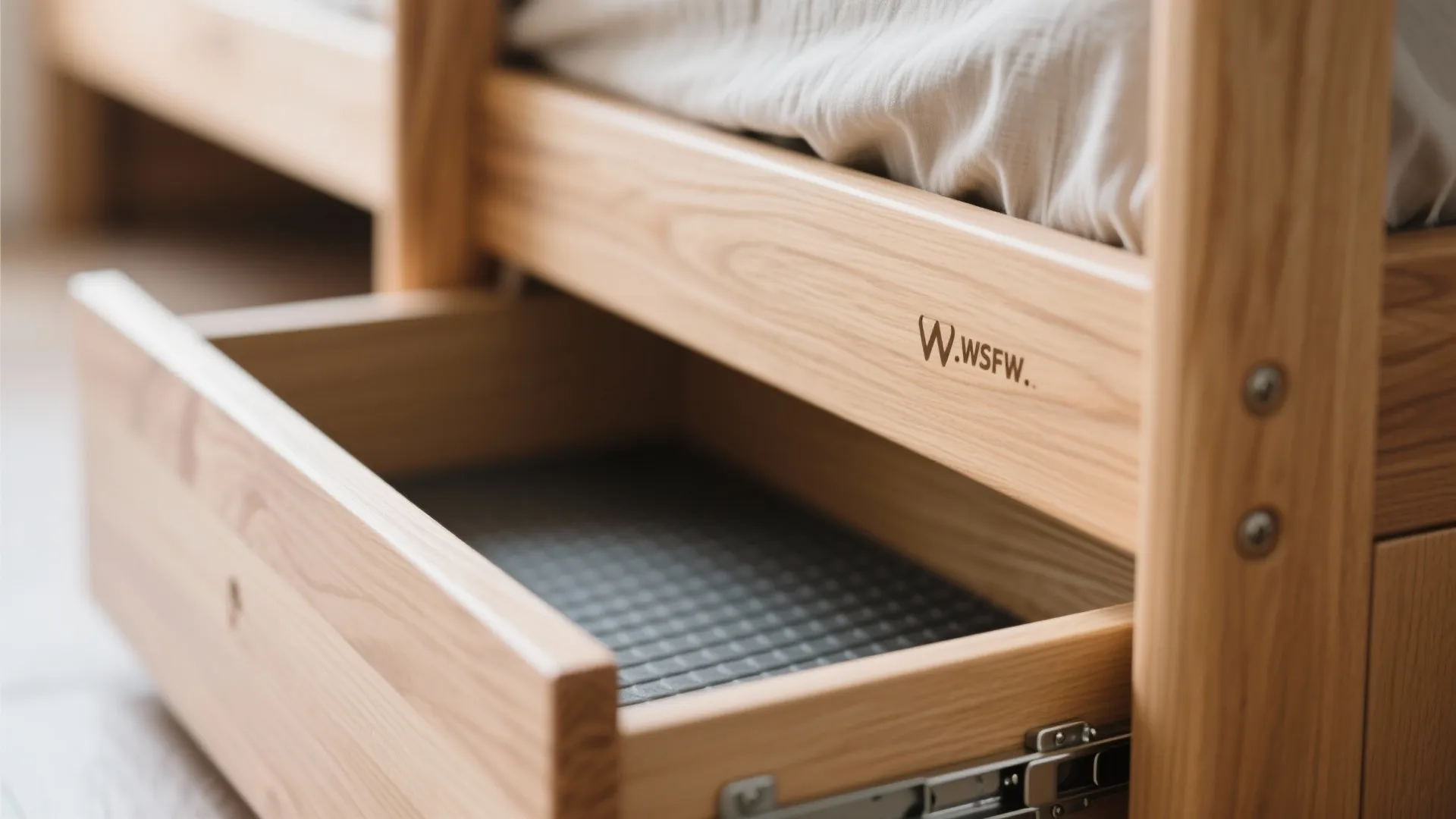 Macro of bunk storage step drawer with soft-close slides and non-slip tread.