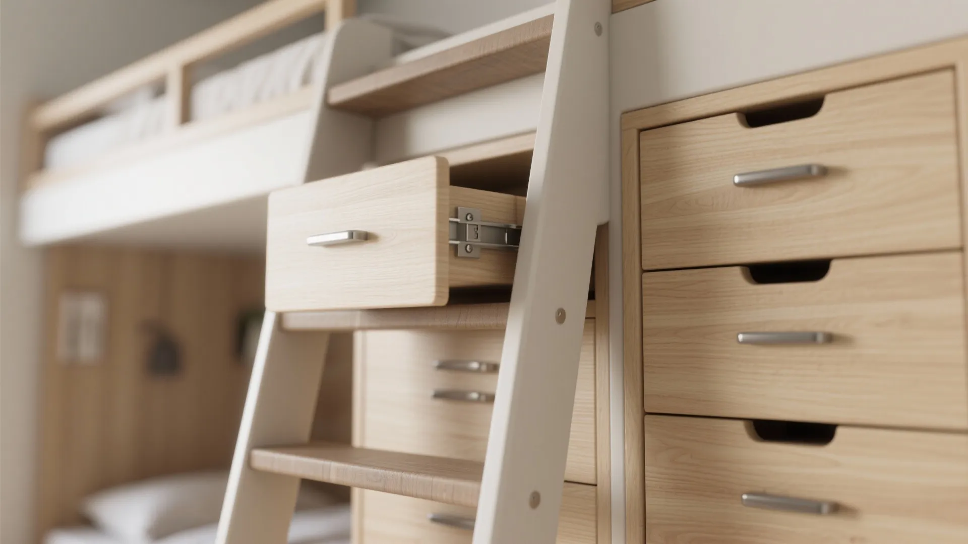 Close up of light wood storage cabinet drawers built into white wooden stairs for bed