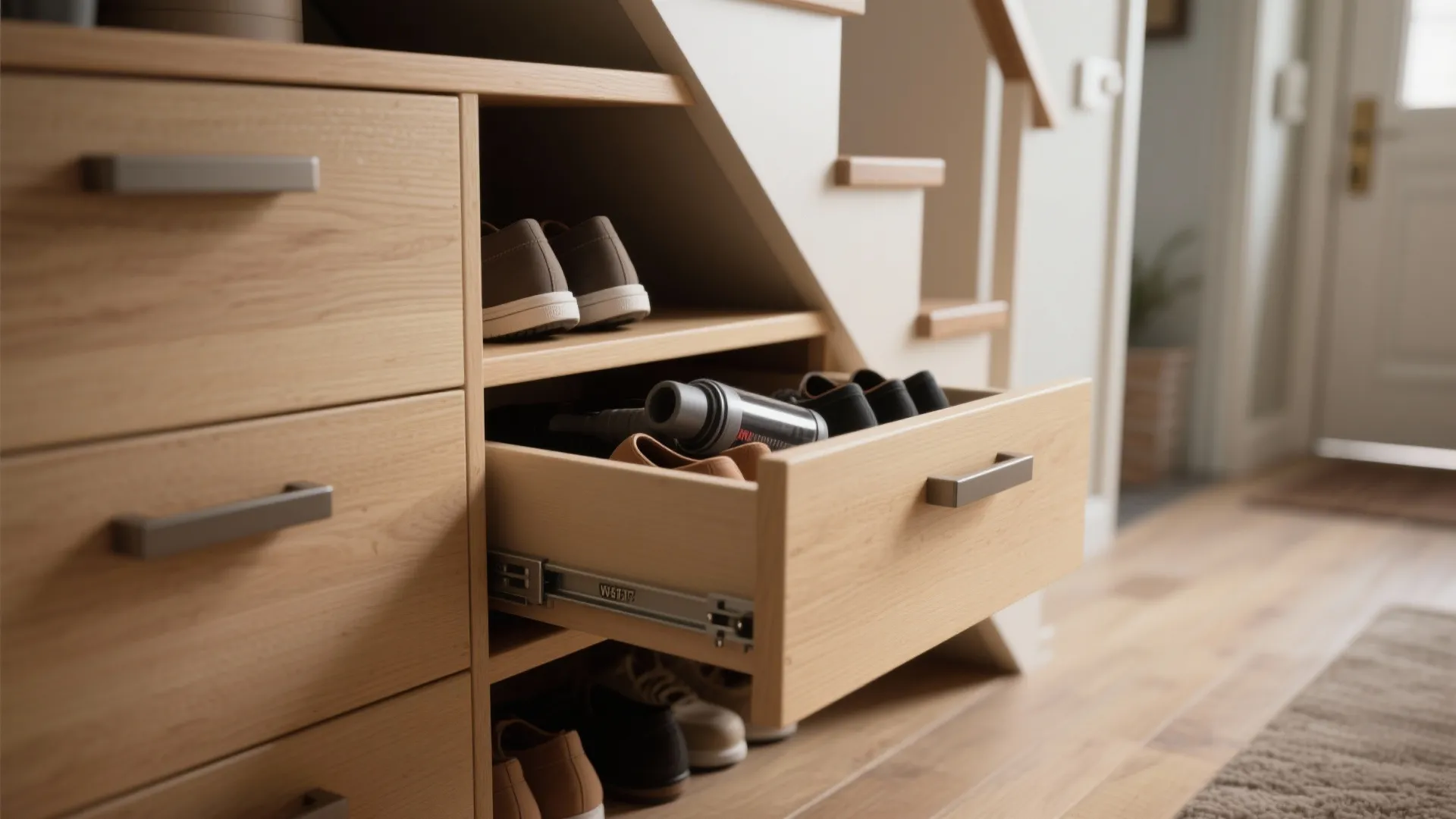 Close-up of a stair riser opened as a deep drawer storing shoes and a vacuum in a compact home.