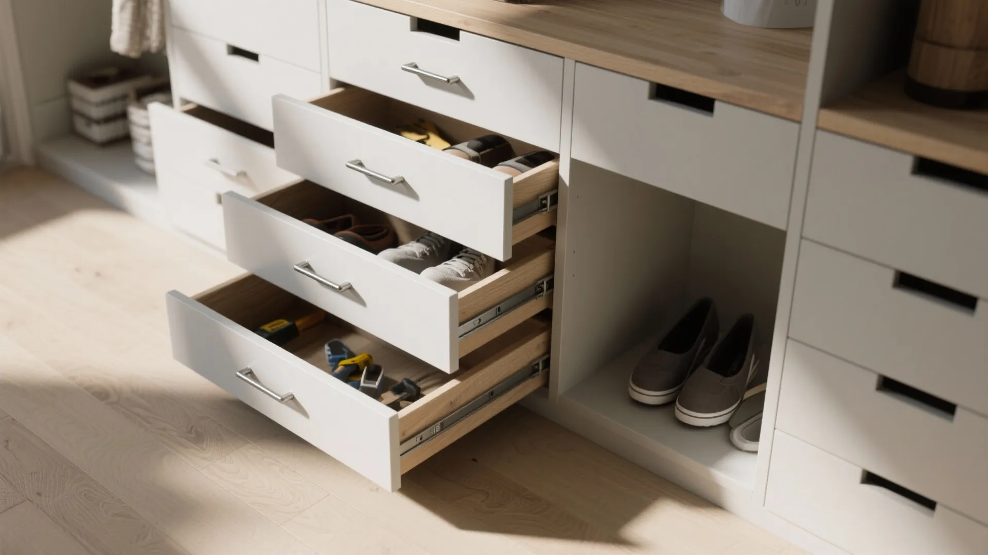 White storage cabinet with open drawers showing shoes and tools on a light wood floor