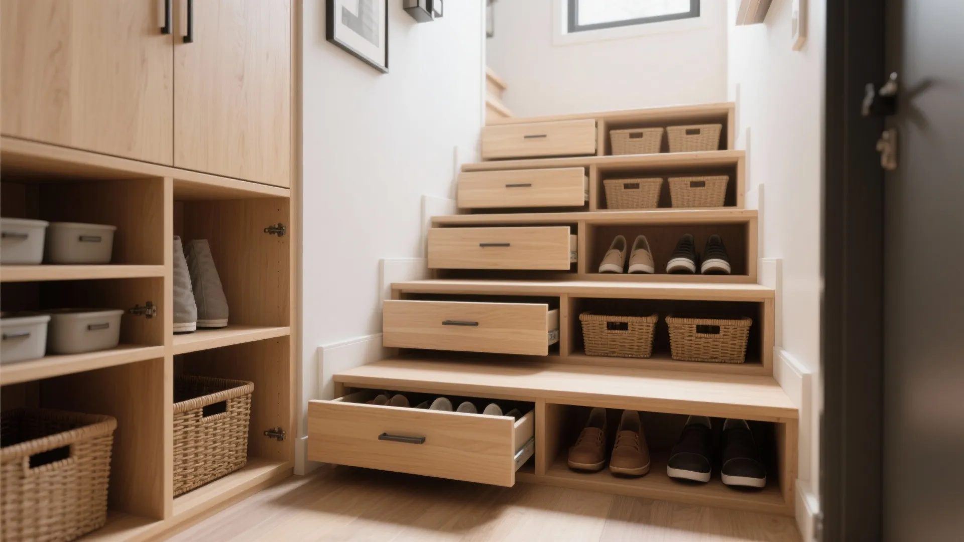 Built-in stair drawers and open cubbies under steps, showing organized storage and light wood joinery.