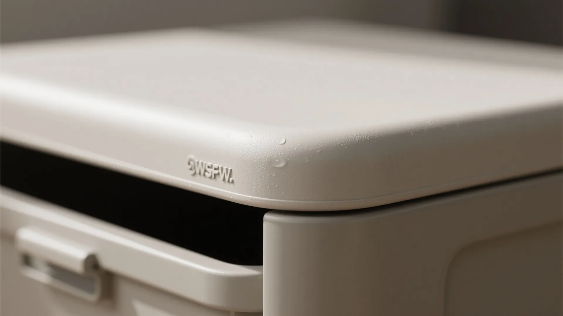Macro of a matte storage stool lid with rounded edge and smooth waterproof texture.
