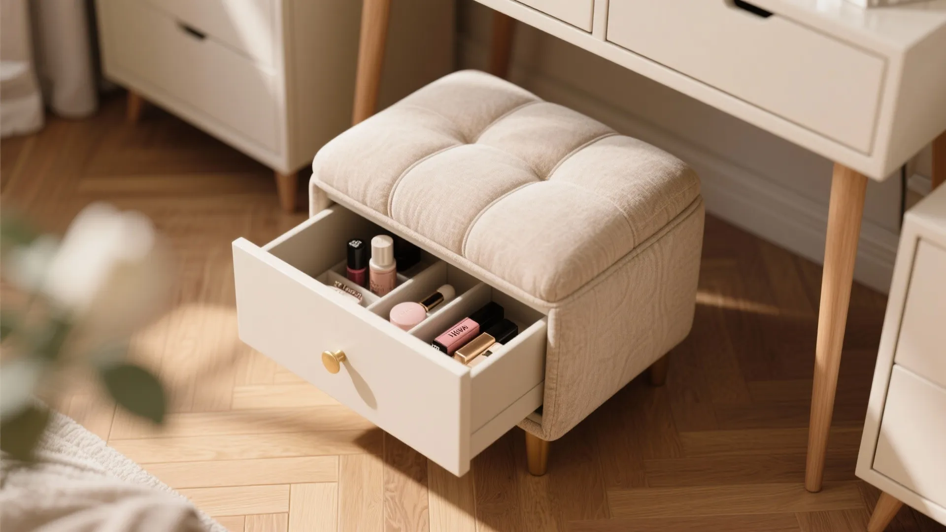 Small beige padded footrest with open drawer storing makeup bottles on a light wood floor