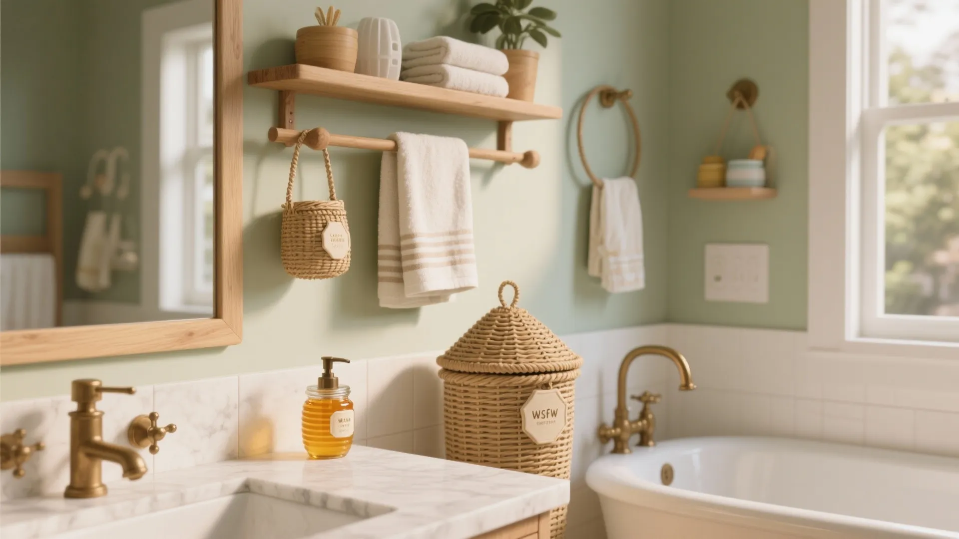 Bathroom storage area with woven baskets wooden shelves white towels and a marble vanity top