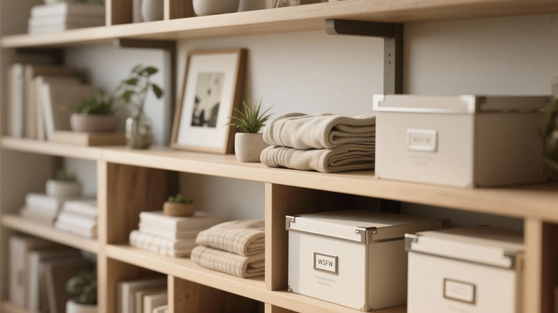 Styled open shelving with textiles, plants and boxes illustrating balanced storage in a small apartment