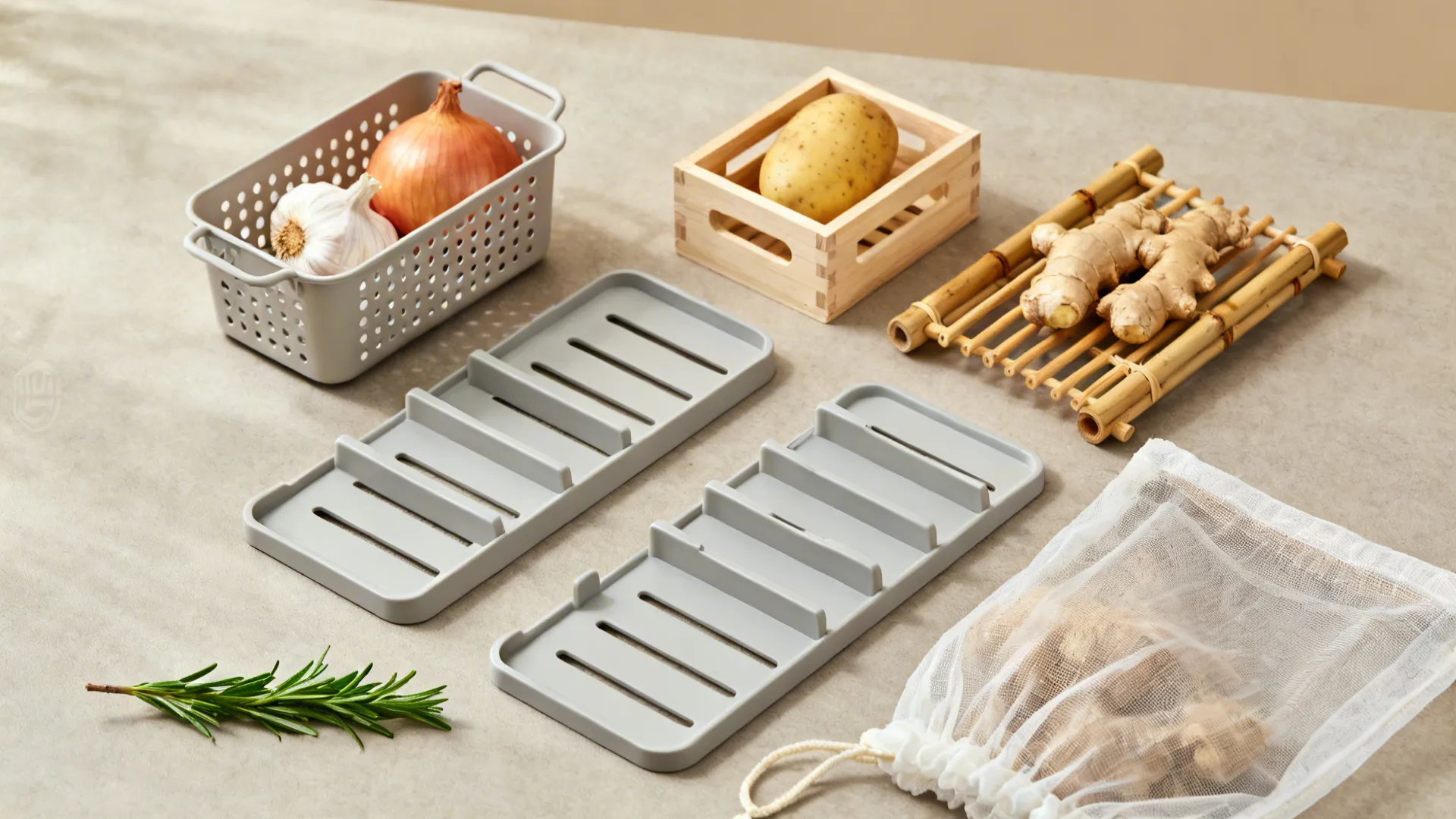Flatlay of a pegboard basket, slotted crate, bamboo rack piece, mesh bag, and fridge dividers on a neutral surface.