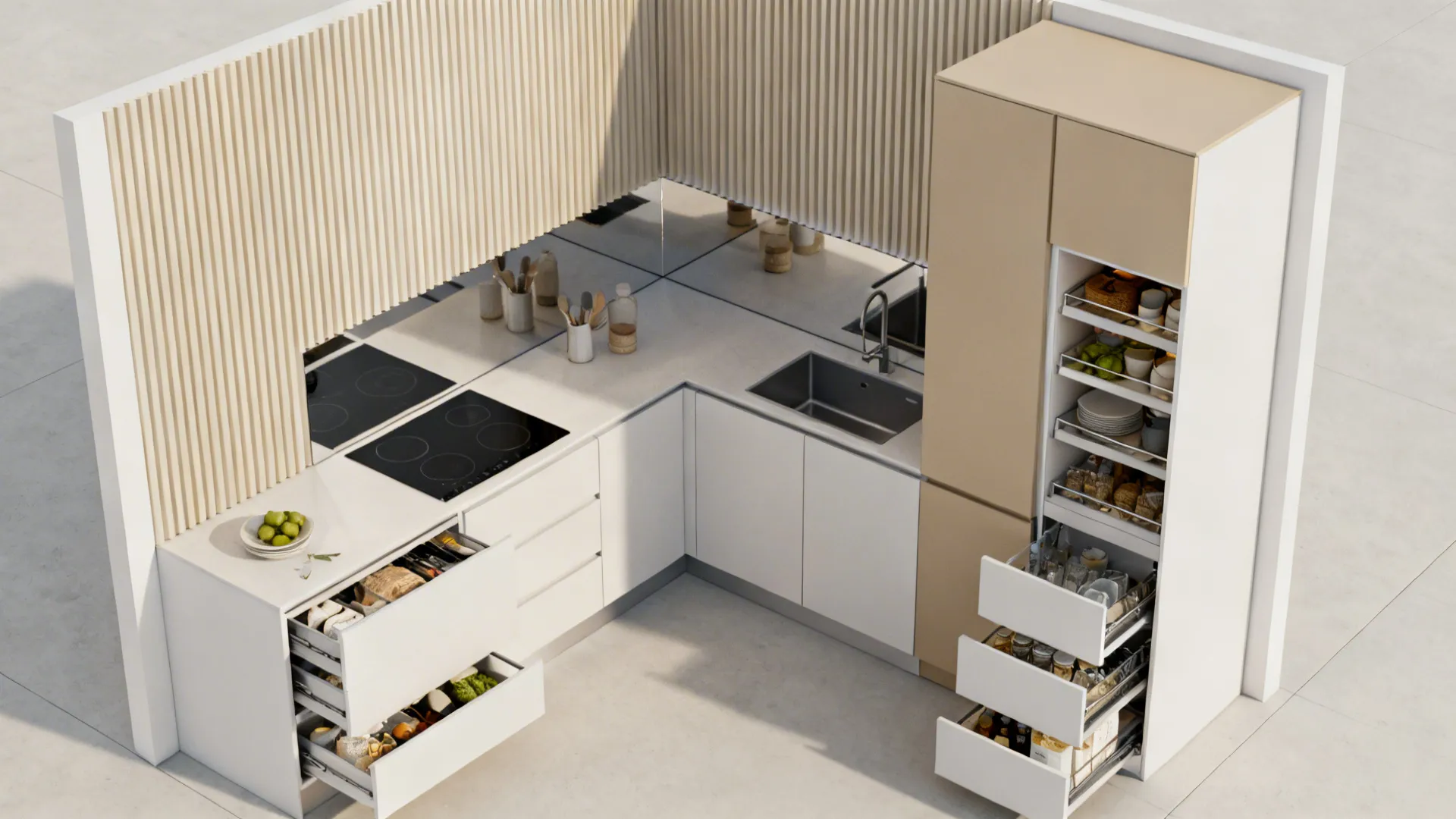 Top-down summary of a compact kitchen showing vertical storage, deep drawers, corner hardware, reflective backsplash, and a tall pull-out pantry.