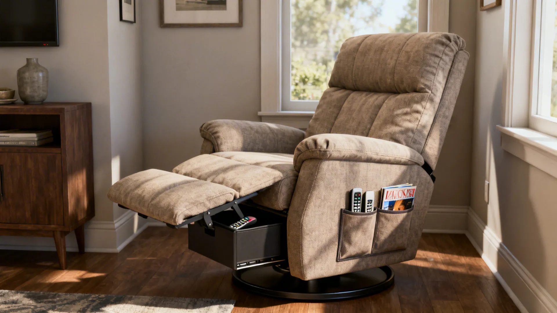 Swivel recliner with hidden under-seat storage and side pockets holding remotes and magazines