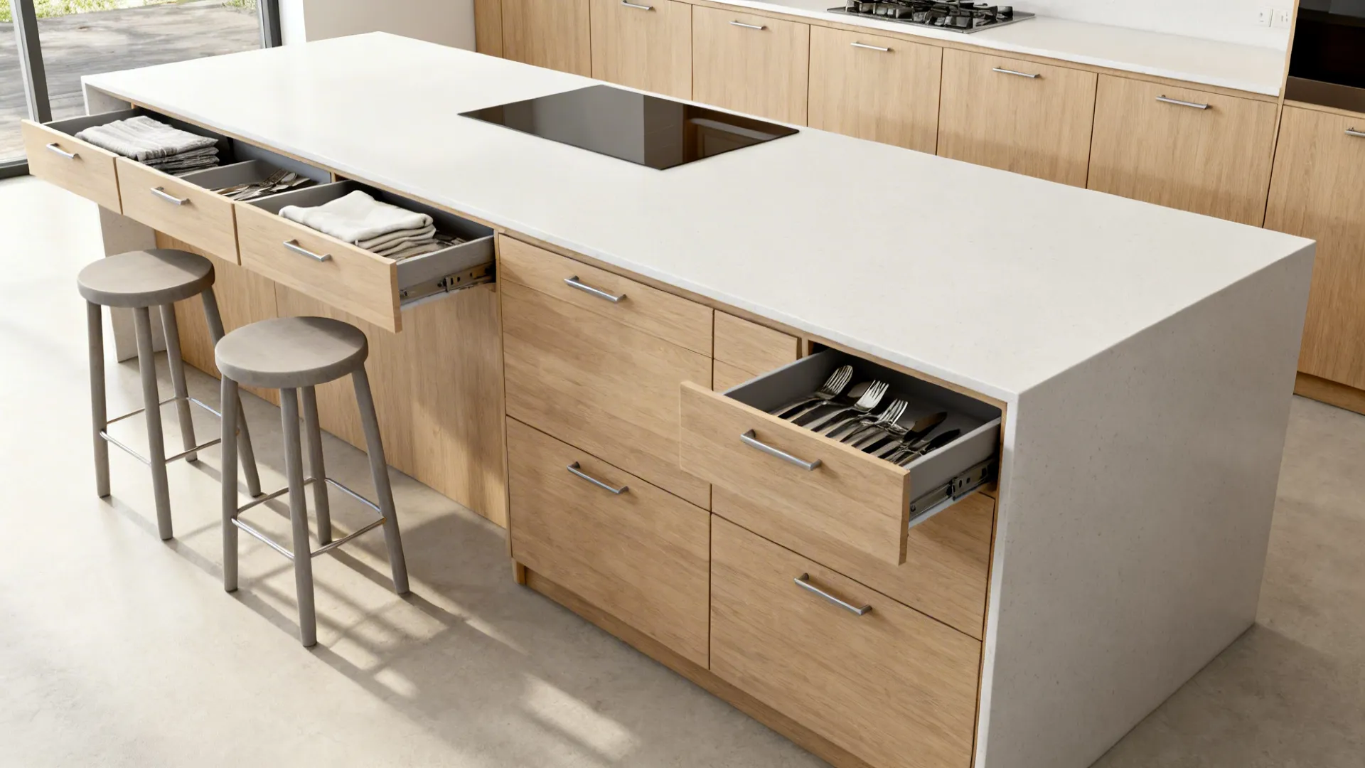 T-shaped island with shallow drawers on the seating wing and deeper drawers toward the island core.