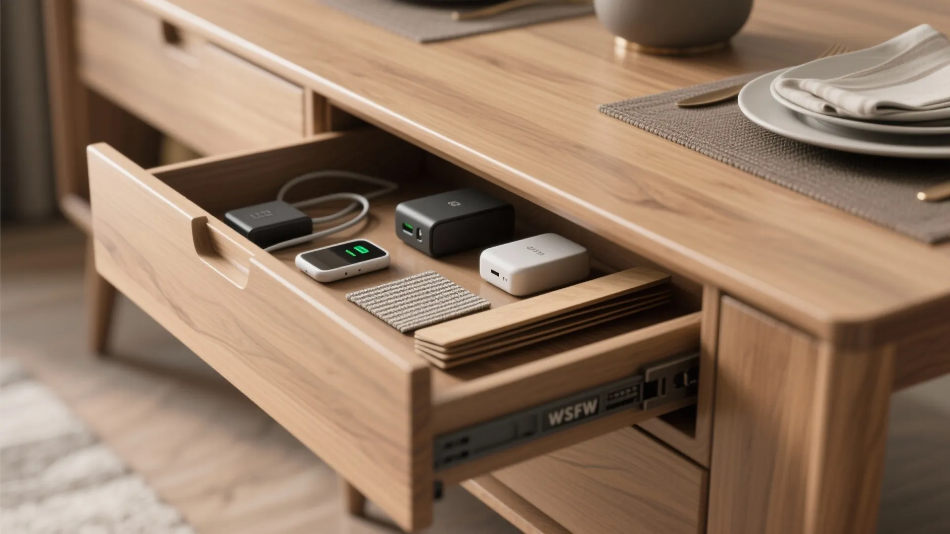 Close-up of an extendable table's integrated drawer and removable leaf storage with placemats and chargers.