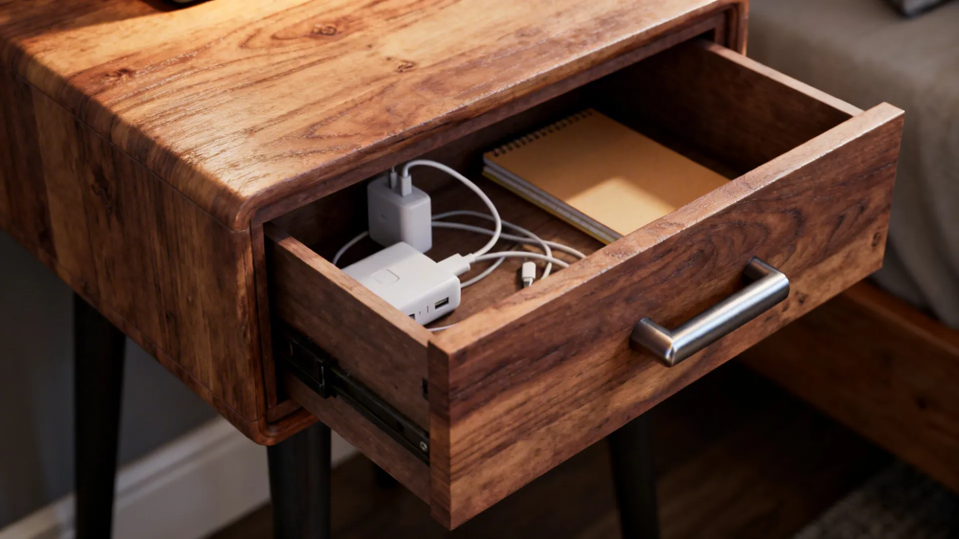 Close up of an open wooden bedside table drawer containing a notebook and phone chargers