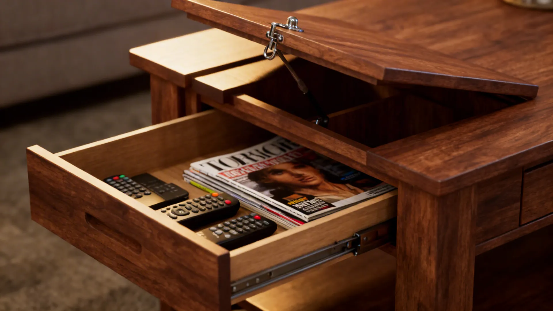 Close-up of a coffee table lift-top and drawer storing remotes and magazines