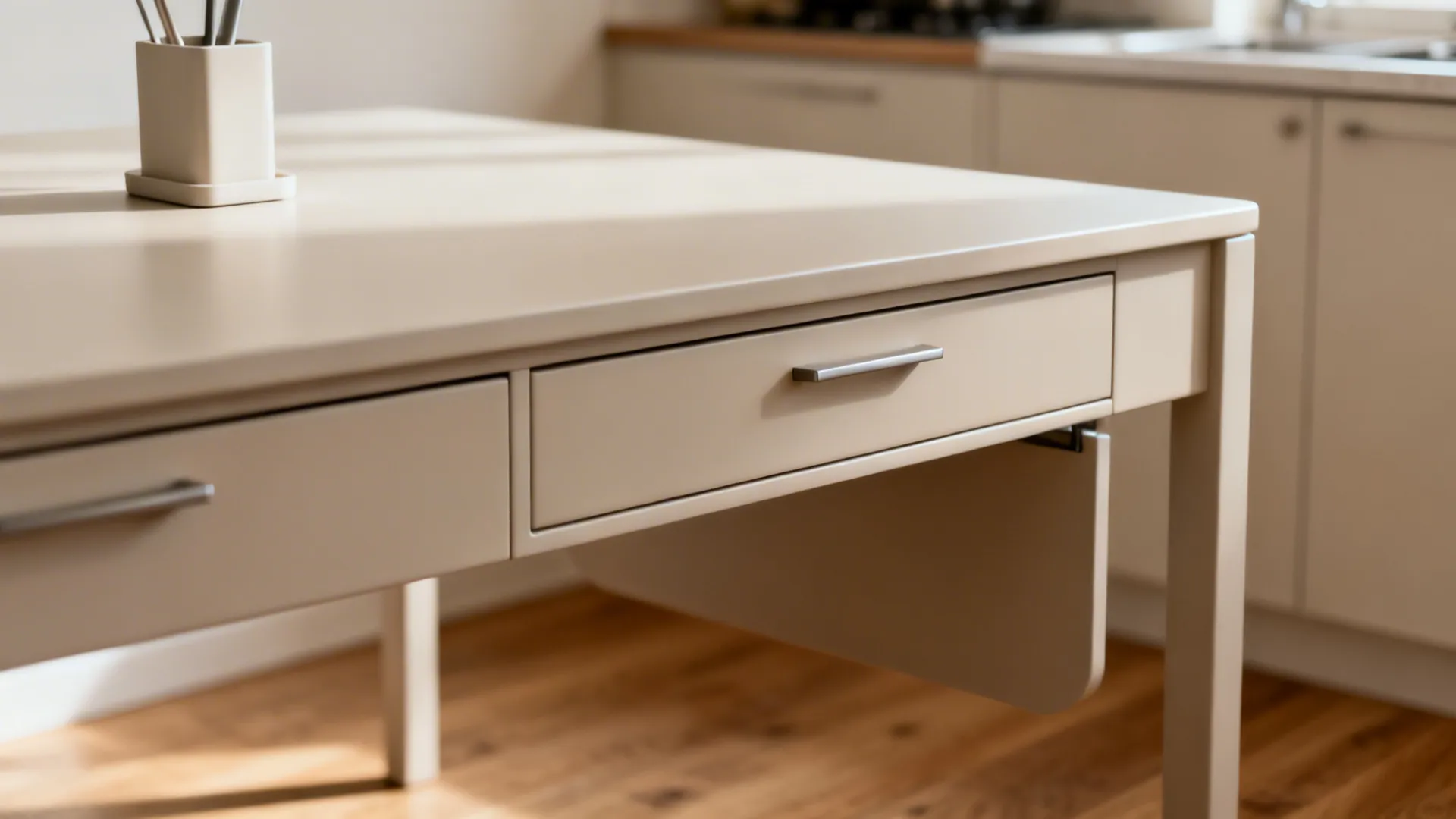 Close-up of a minimalist center table with slim apron drawers in a small kitchen.