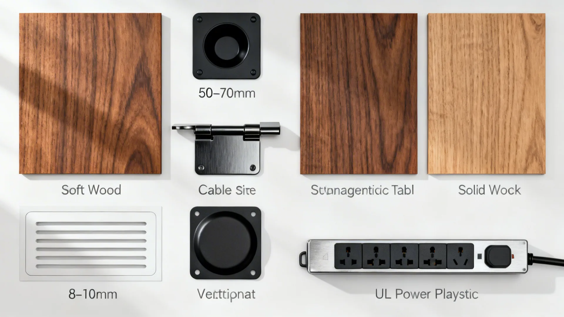 Wood samples and furniture hardware parts like power strip and black cable hole cover items