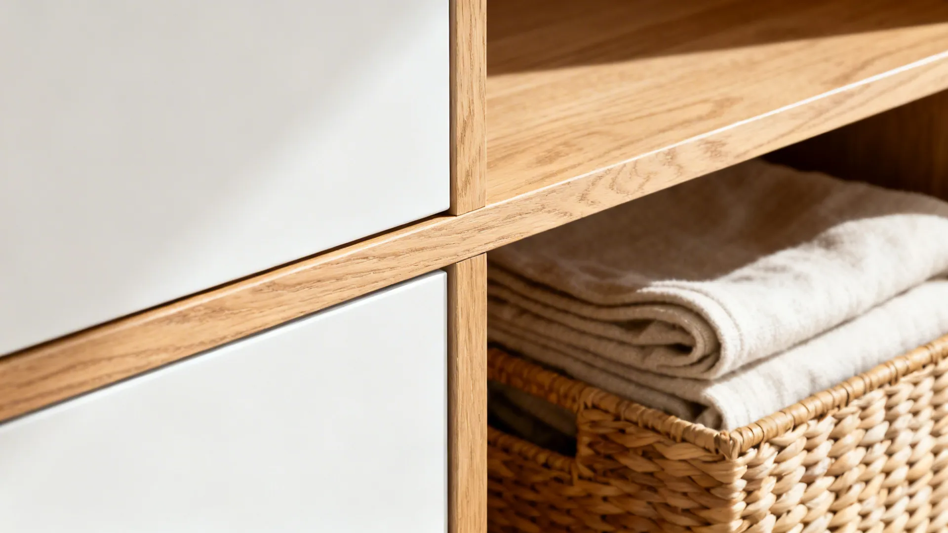Close-up of light oak shelf, matte white cabinet, and woven bin with linen texture.