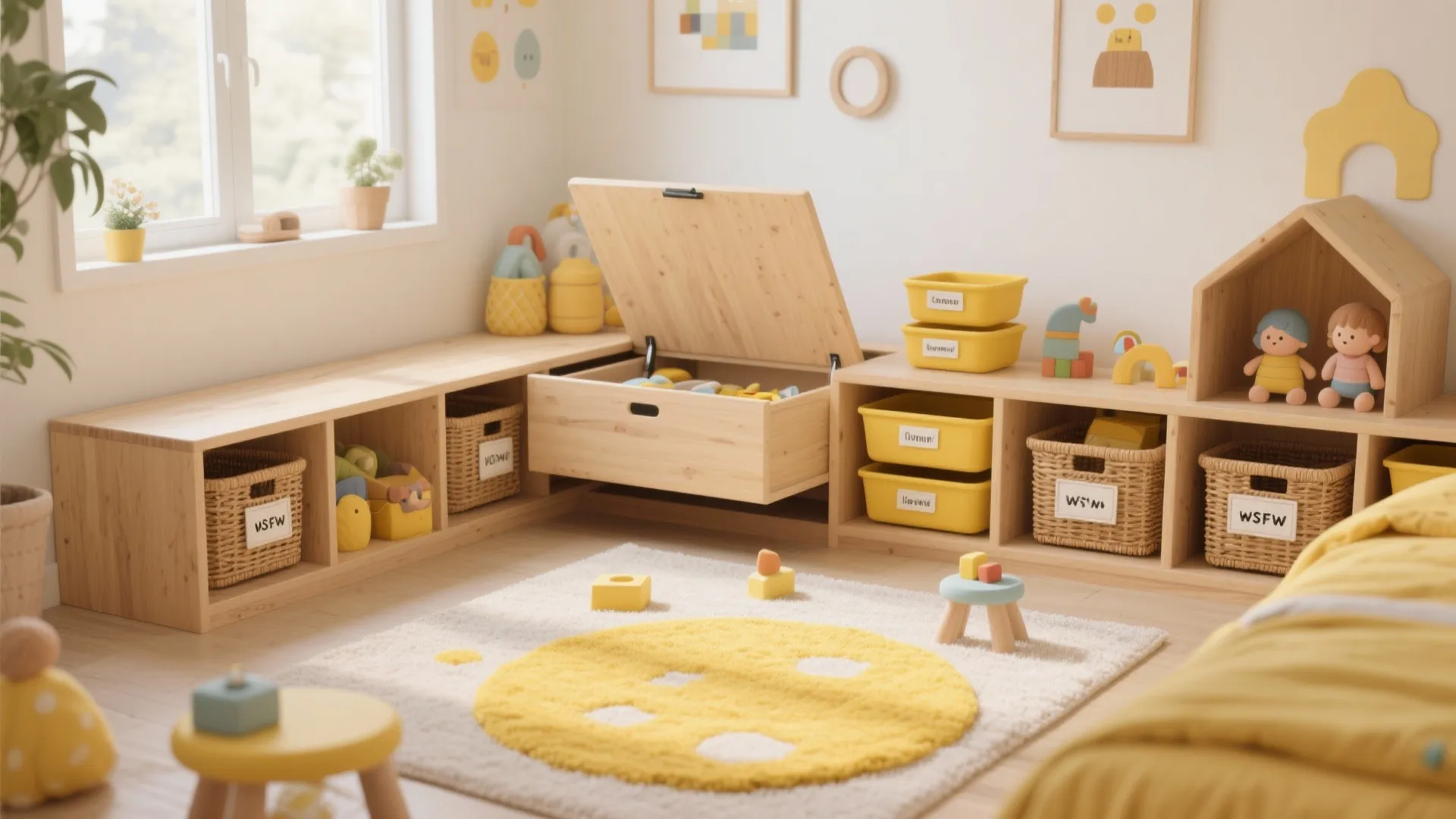 Organized kids room with low cubbies, labeled baskets, and a storage bench.