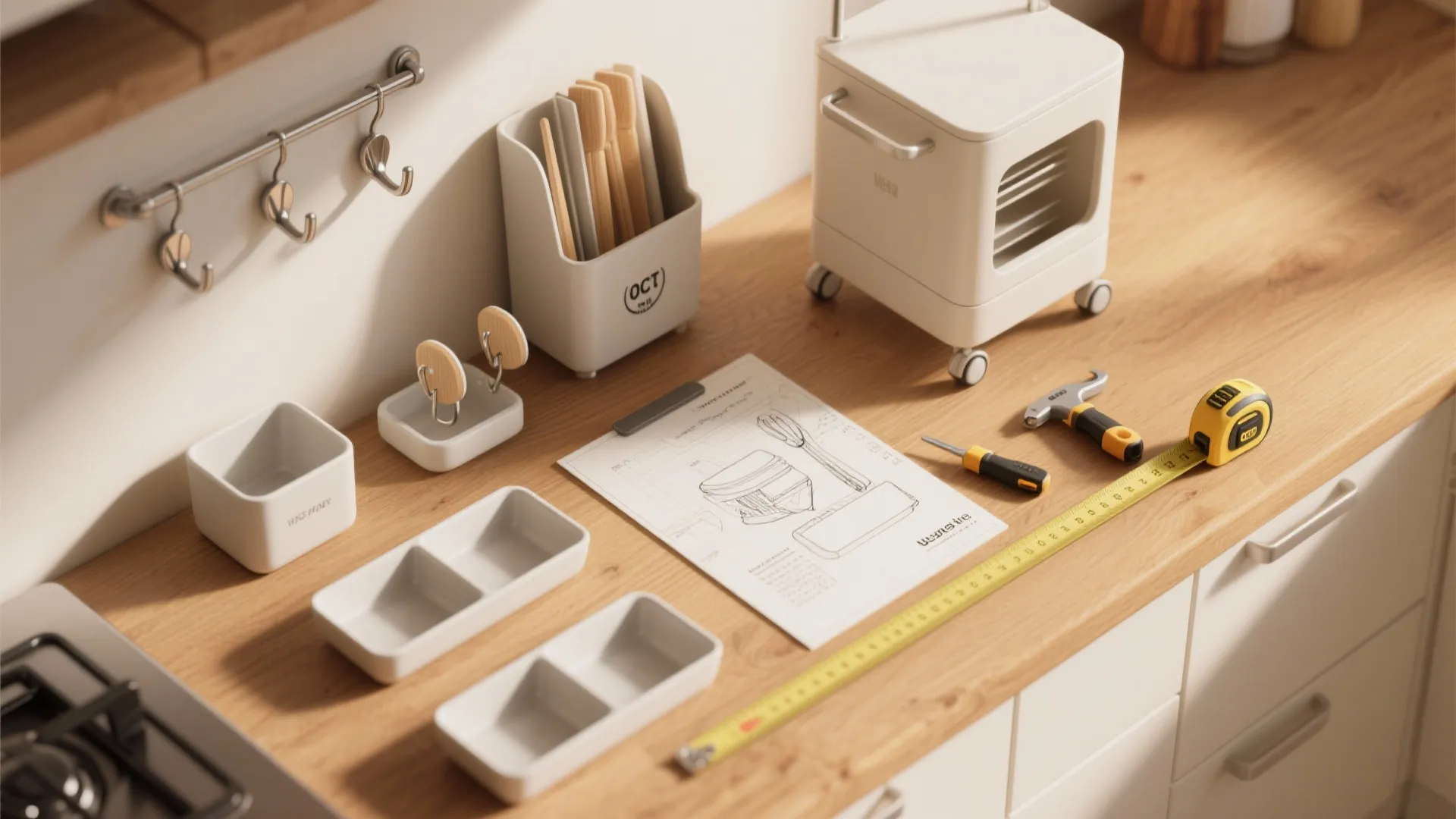 Top-down view of hooks, modular trays, measuring tape and sketches illustrating budget-friendly storage tips.
