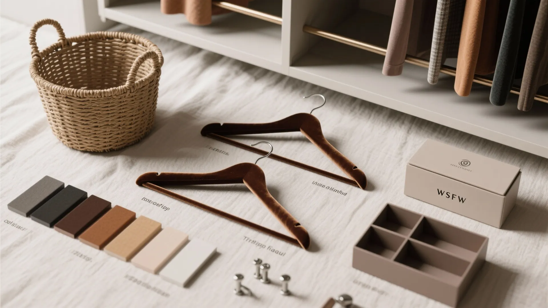 Closet organization tools with brown velvet hangers, woven basket, small storage boxes, and color palette samples