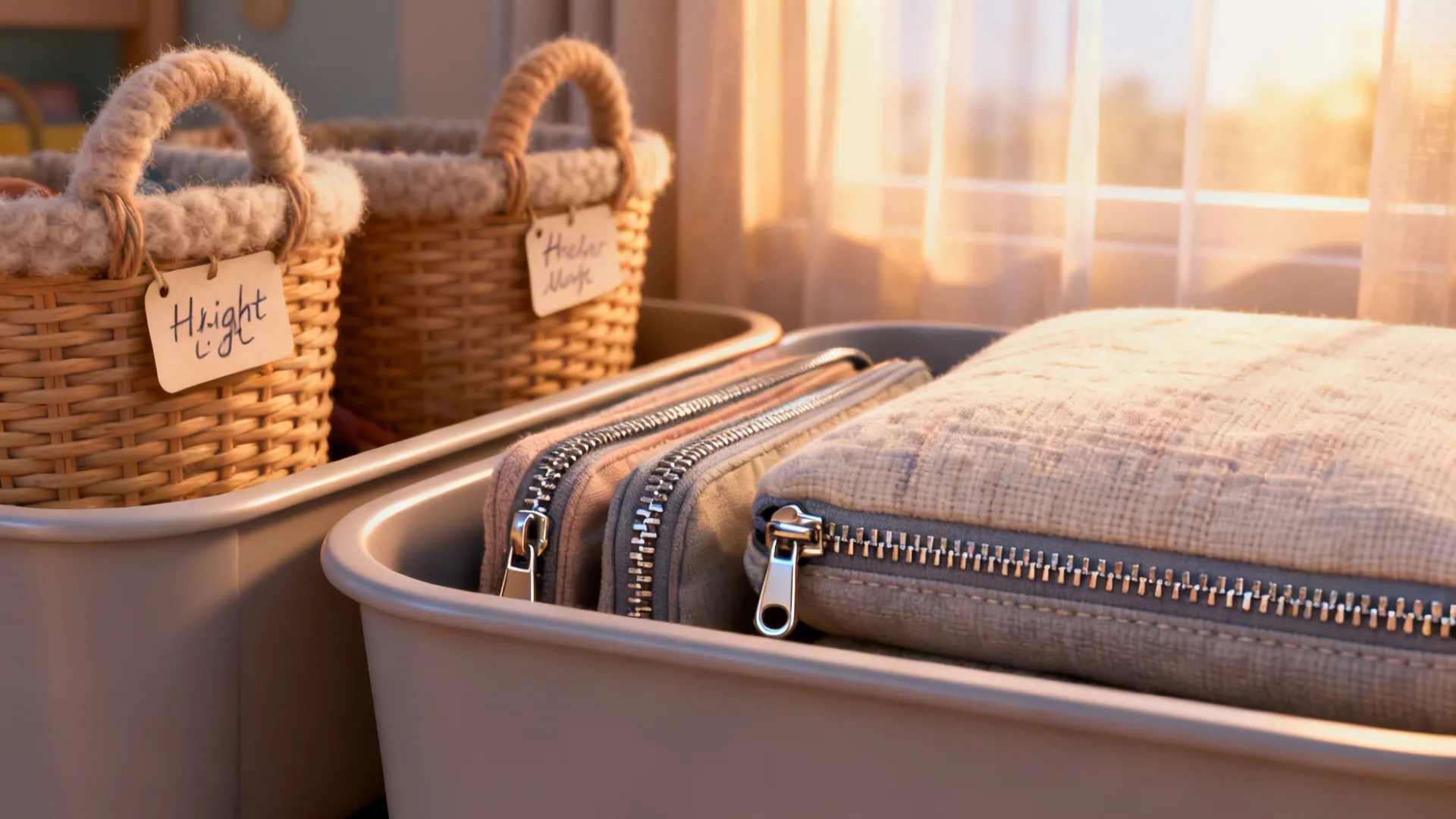 Close-up of labeled baskets, washable fabric and zipper pouches for toy organization