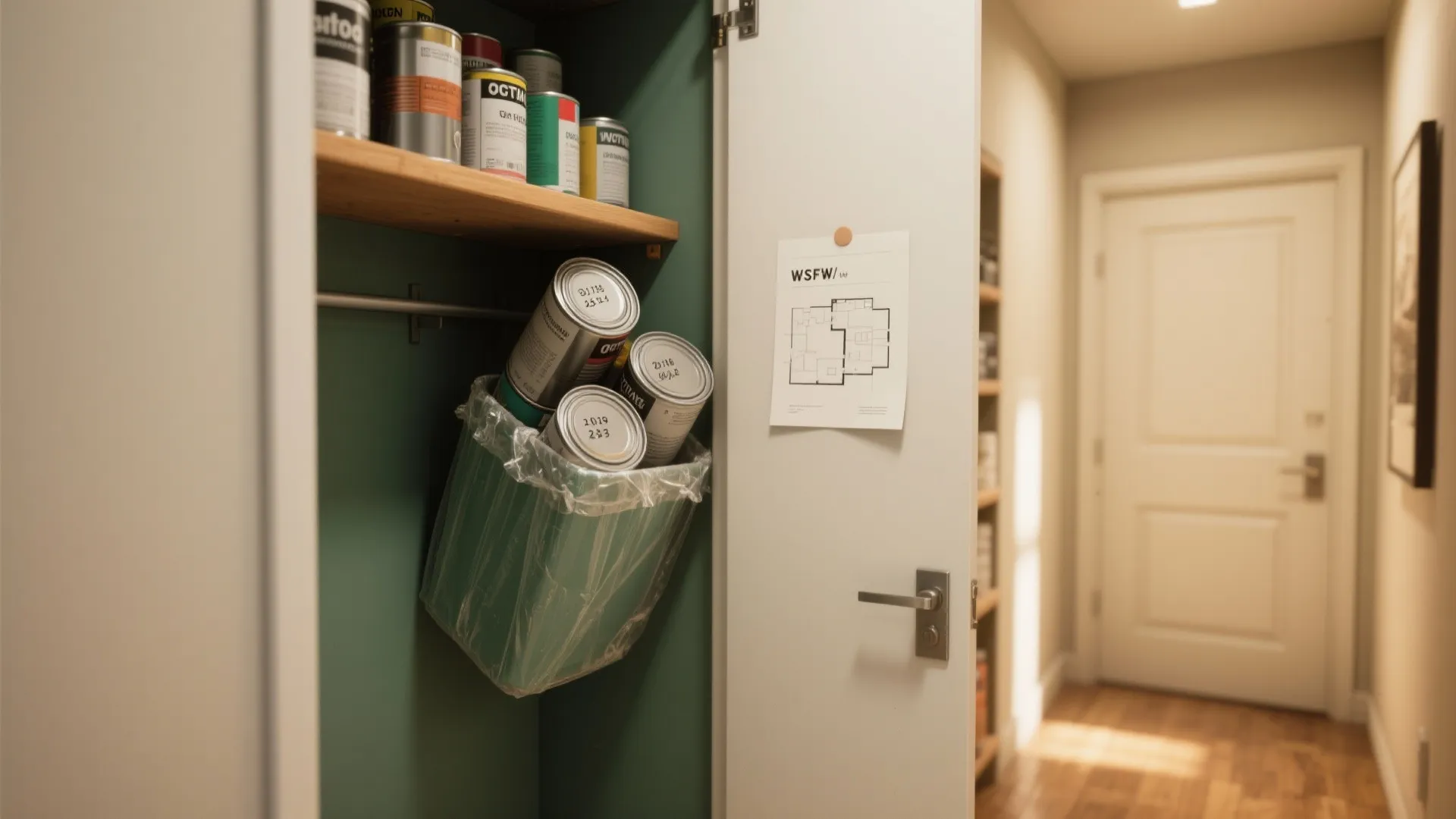 Storage closet with paint cans on wooden shelves and floor plan paper on the door
