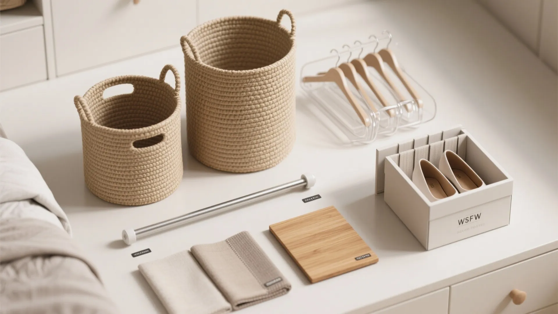 Flatlay of storage accessories: bins, hangers, clear shoe boxes, tension rod and fabric swatches